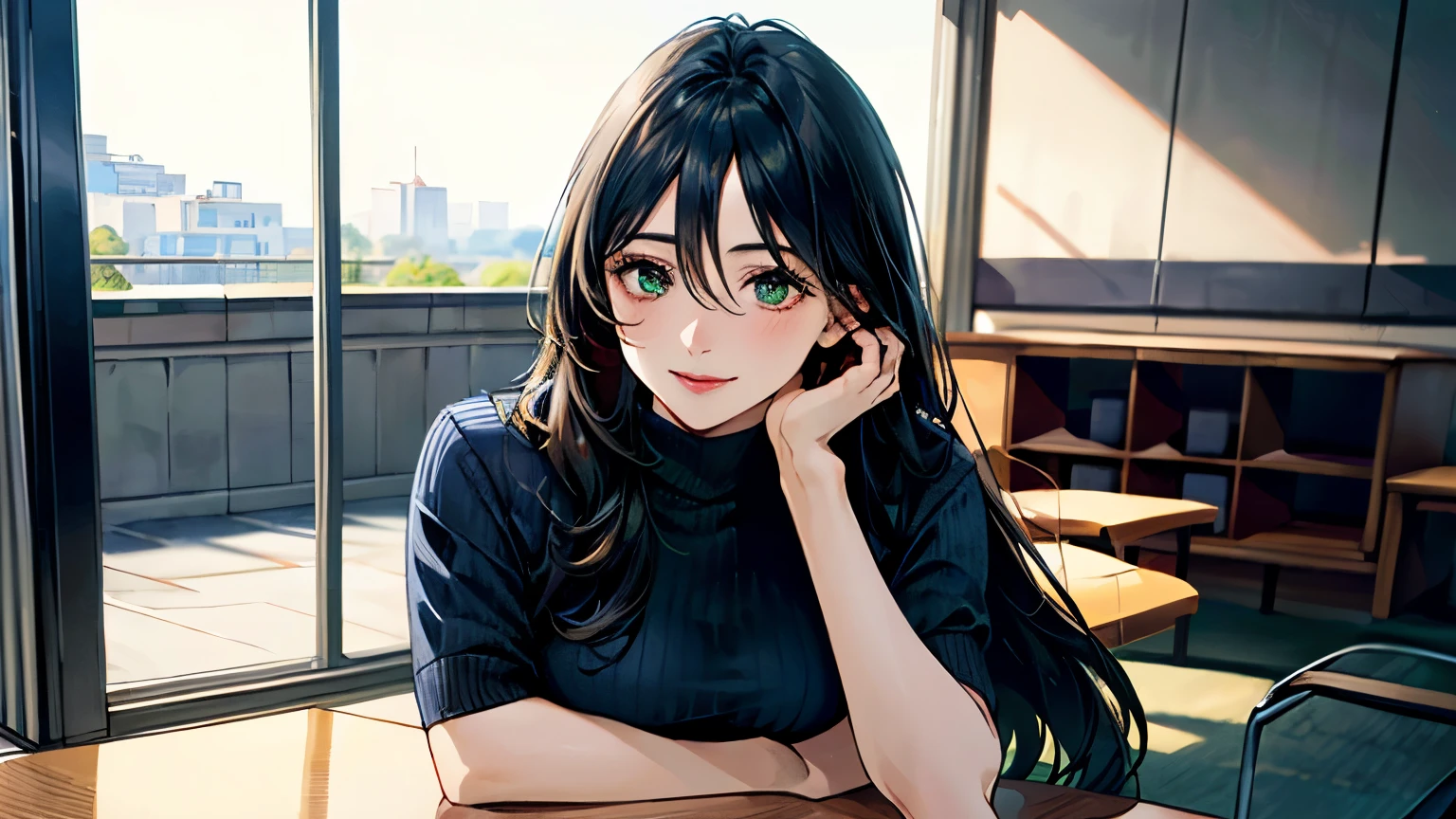 (masterpiece:1.3, highest quality, Ultra-high resolution, Super detailed), (Realistic, photoRealistic:1.4), Beautiful illustrations, Perfect lighting, Natural light, colorful, Depth of written boundary, 
View Viewer, whole body, Front view:0.6, 1 girl, Japanese, office lady, 19 years old, Perfect Face, (Perfect Anatomy), Cute and symmetrical face, Baby Face, Shiny skin, , 
(Long Hair:1.7, Straight hair:1.2, Black Hair), Hair between the eyes, Emerald green eyes, Long Eyelashes, (Big Breasts:0.8), 
Beautiful Hair, Beautiful Face, Beautiful fine details, Beautiful clavicle, Beautiful body, Beautiful breasts, Beautiful thighs, Beautiful feet, Beautiful fingers, 
((Short sleeve navy high neck sweater, Grey stretch tapered pants), ID card), 
(Beautiful views), Daytime, (Office Lounge), Have a drink, (Smile, Half an eye, Lips parted),Reading a book,whole body,mini skirt,one person,Attractive legs