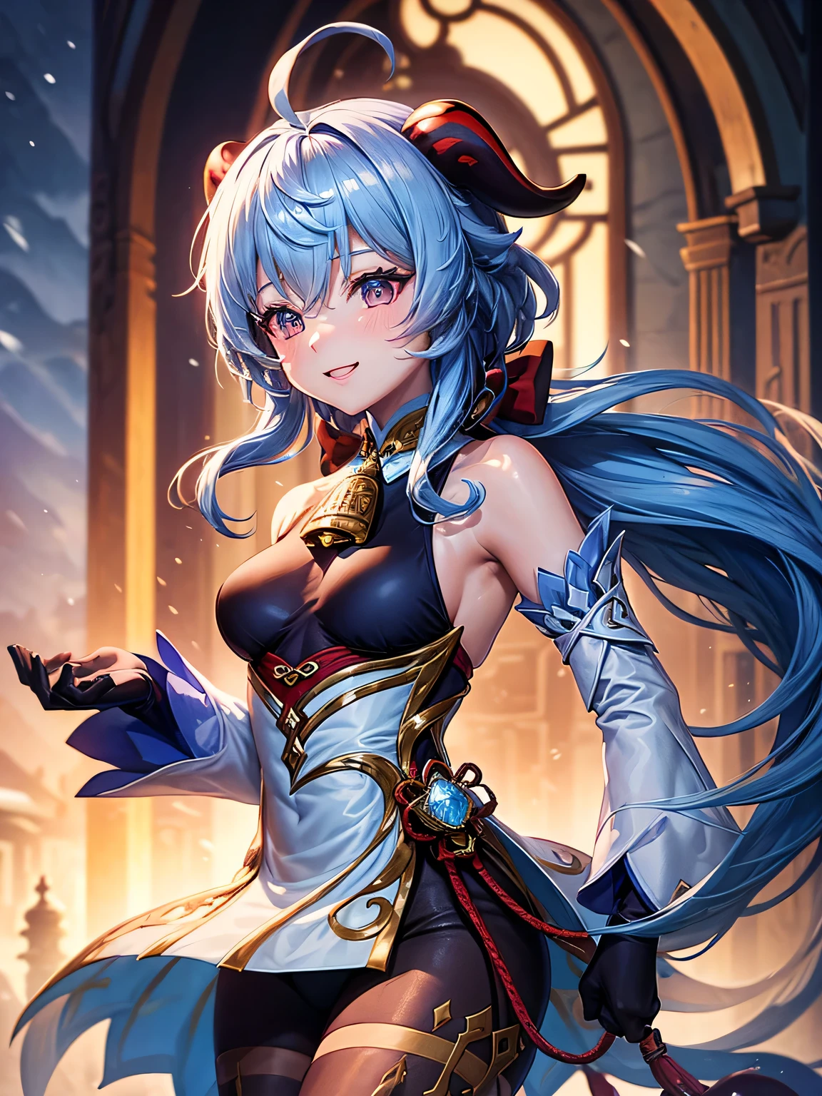 [ganyudef]:1.5,((masterpiece,highest quality,Highly detailed portraits,Beautiful images、Background Blur))1.4(1girl,solo)(Artwork by ganyu、smile、church、palace、The morning sun shines in、Crystal of snow、Snowstorm、Bright lighting overall、Backlight、A fantastic atmosphere、Thick Fog)1.1(Beautiful body lines、small beauty breasts、Beautiful side breasts)Dynamic pose
