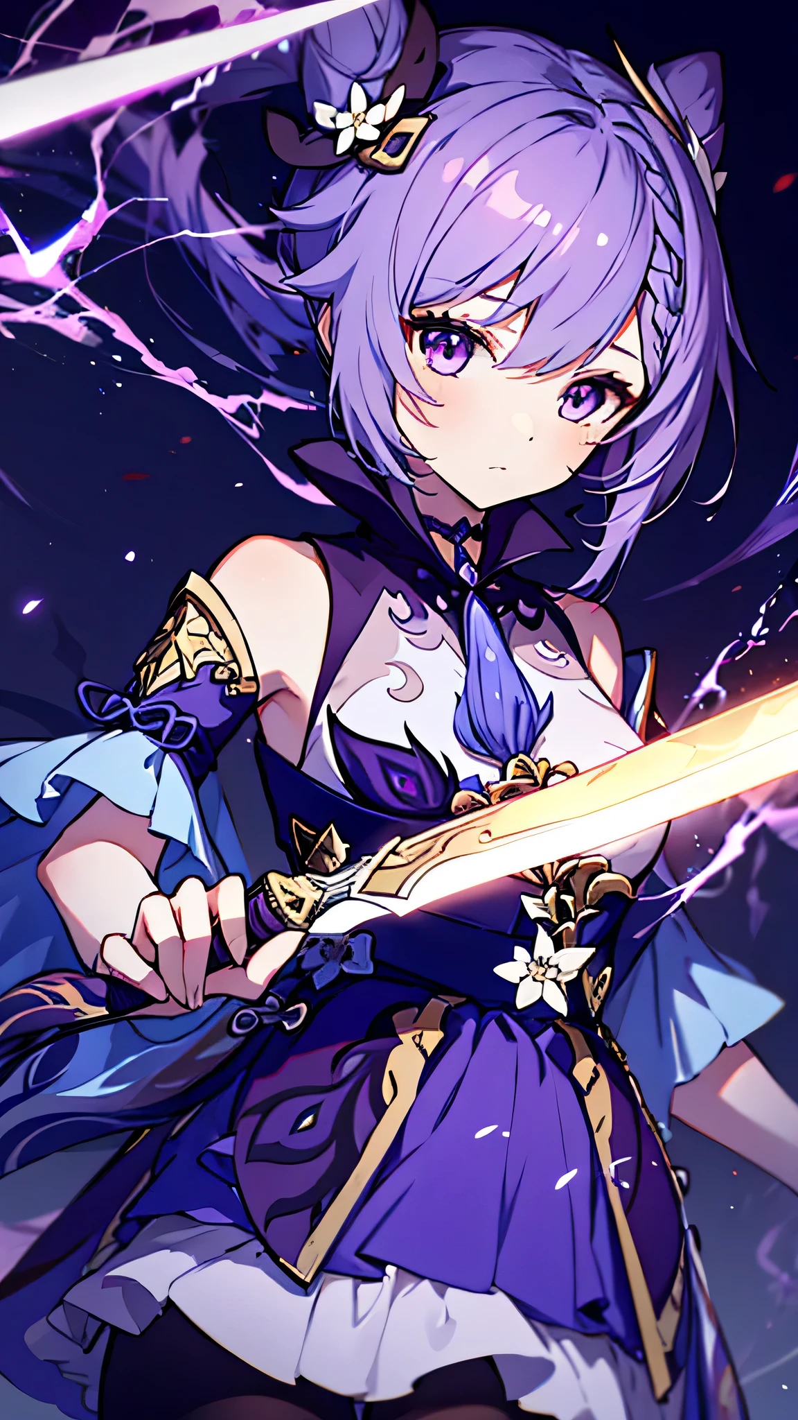 masterpiece, best quality, 1girl, keqing, genshin impact, purple hair, blue hair, cute, purple hair, sword, purple lightning, high resolution, detailed, Teyvat background.