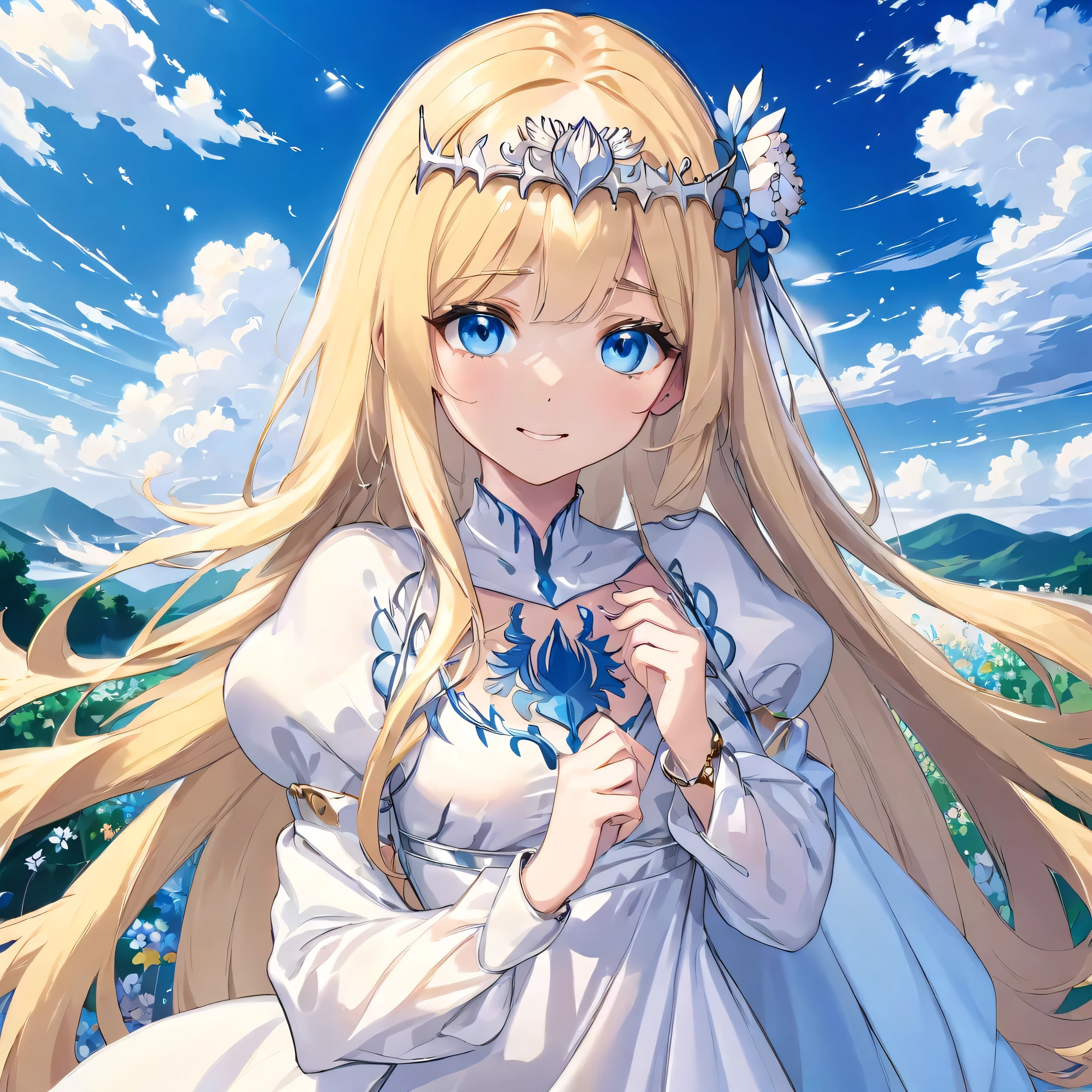 ultra-detailed,(best quality),((masterpiece)),(highres),original,extremely detailed 8K wallpaper,(an extremely delicate and beautiful),
anime,
\\,
BREAK
1girl, solo,, outdoors, smile, looking at viewer, bracelet, cloud, day,  blue flower, 
BREAK
 Calca, Calca Bessarez, blonde hair, extremely long hair, very long hair, small white tiara, white dress, blue eyes, medium chest, long straight hair
