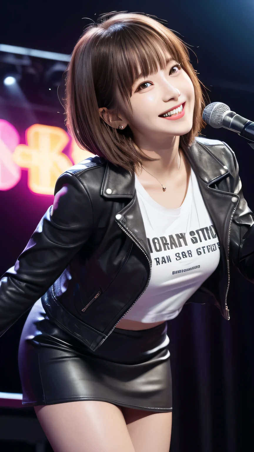(masterpiece、highest quality、Official Art:1.2)、
(highest quality,masterpiece:1.3,Ultra-high resolution),(Very detailed,Caustics,8k),(Realistic:1.4,RAW shooting),darkness,Inside the live house,Woman singing under spotlight on stage,age 16,cute,Are standing,Grab the microphone,(Big smile),(Looking down at the camera),natural brown short hair,leather jacket,T-Shirts,Tight Skirt,(Front shot),(Bust up shot),(Low position),(Low Angle),(Face Focus),(Face close-up),Professional Lighting
, huge shy smile , big eyes