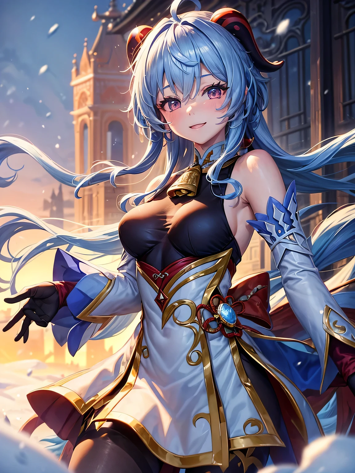 [ganyudef]:1.5,((masterpiece,highest quality,Highly detailed portraits,Beautiful images、Background Blur))1.4(1girl,solo)(Artwork by ganyu、smile、church、palace、The morning sun shines in、Crystal of snow、Snowstorm、Bright lighting overall、Backlight、A fantastic atmosphere、Thick Fog)1.1(Beautiful body lines、small beauty breasts、Beautiful side breasts)Dynamic pose
