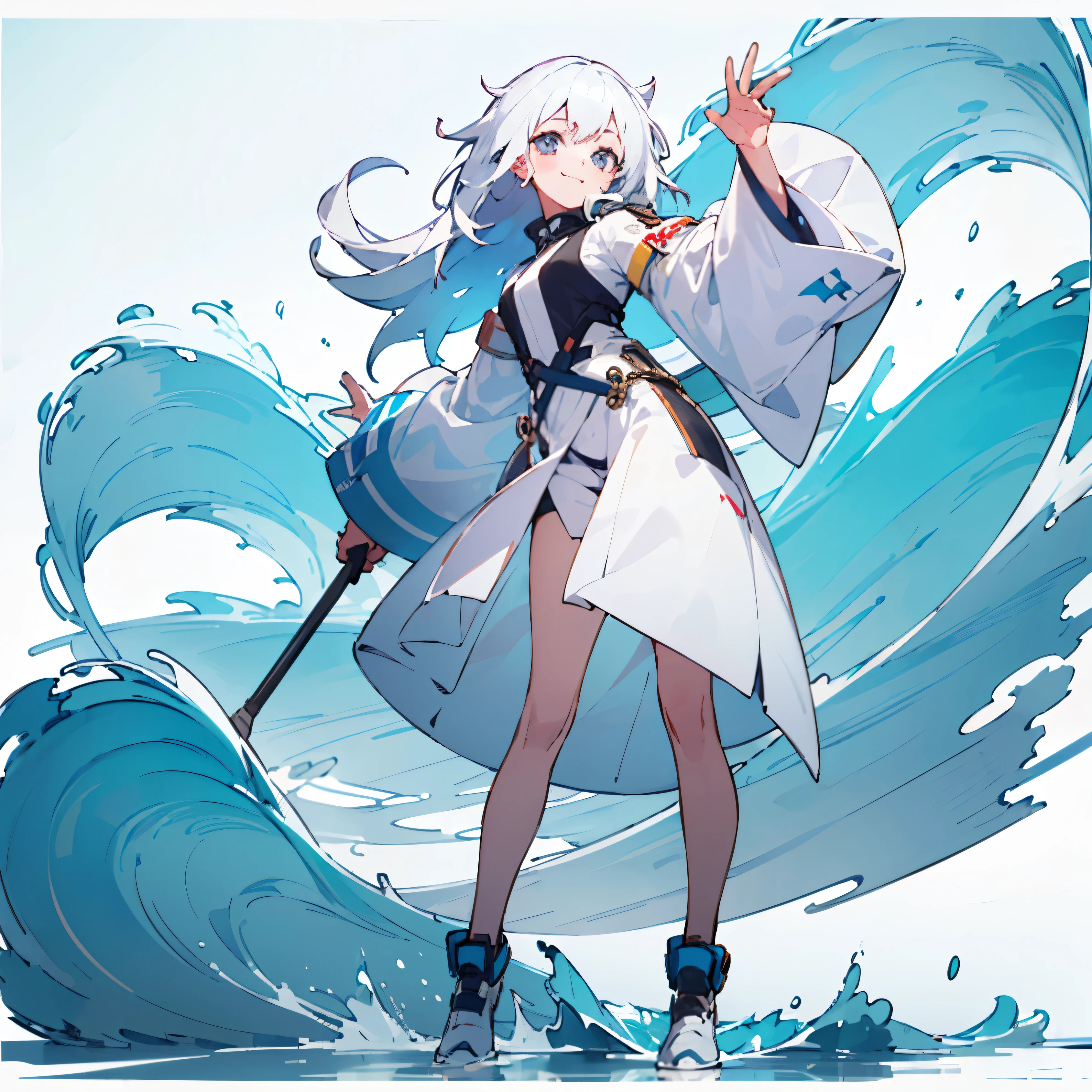 ((best quality)), ((masterpiece)), (detailed), girl，cute，White hair，Colored eyes，Wave，Smile，Pure white background，Full body portrait，Transparent Background，Modern clothing，The whole body is inside the picture，White border，Head-up