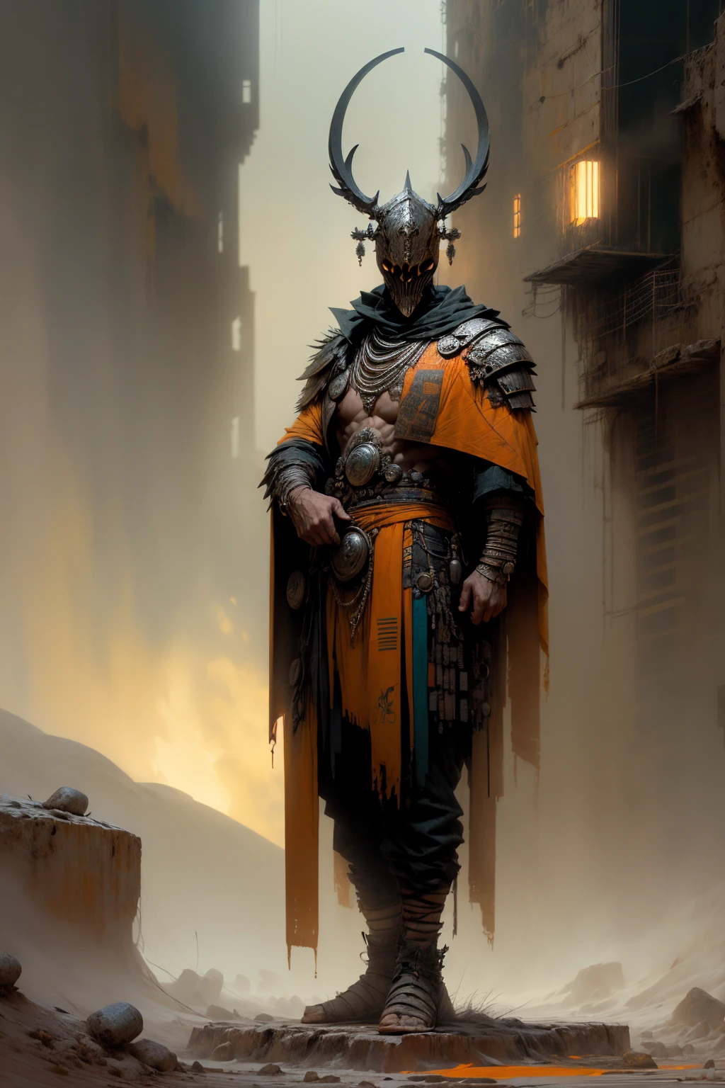oscuro y desgarrado, 1 joven hermoso cuerpo musculoso, fierce expression, sosteniendo un arma, (colores en su ropa, warm, naranja, amarillo, Violeta:1.3), standing in a desolate wasteland, dramatic lighting, sombras intensas, textura arenosa, tall contrast, colores vibrantes, dynamic pose, postura poderosa, fondo rugoso, explosive atmosphere, dystopian theme, elementos surrealistas, digitally painted illustration, High definition resolution, detalles intrincados, dramatic composition, avant-garde and chaotic brushstrokes, Gothic style, emociones intensas, epic scale, raw and gritty feeling, Obras de arte cautivadoras y provocativas..