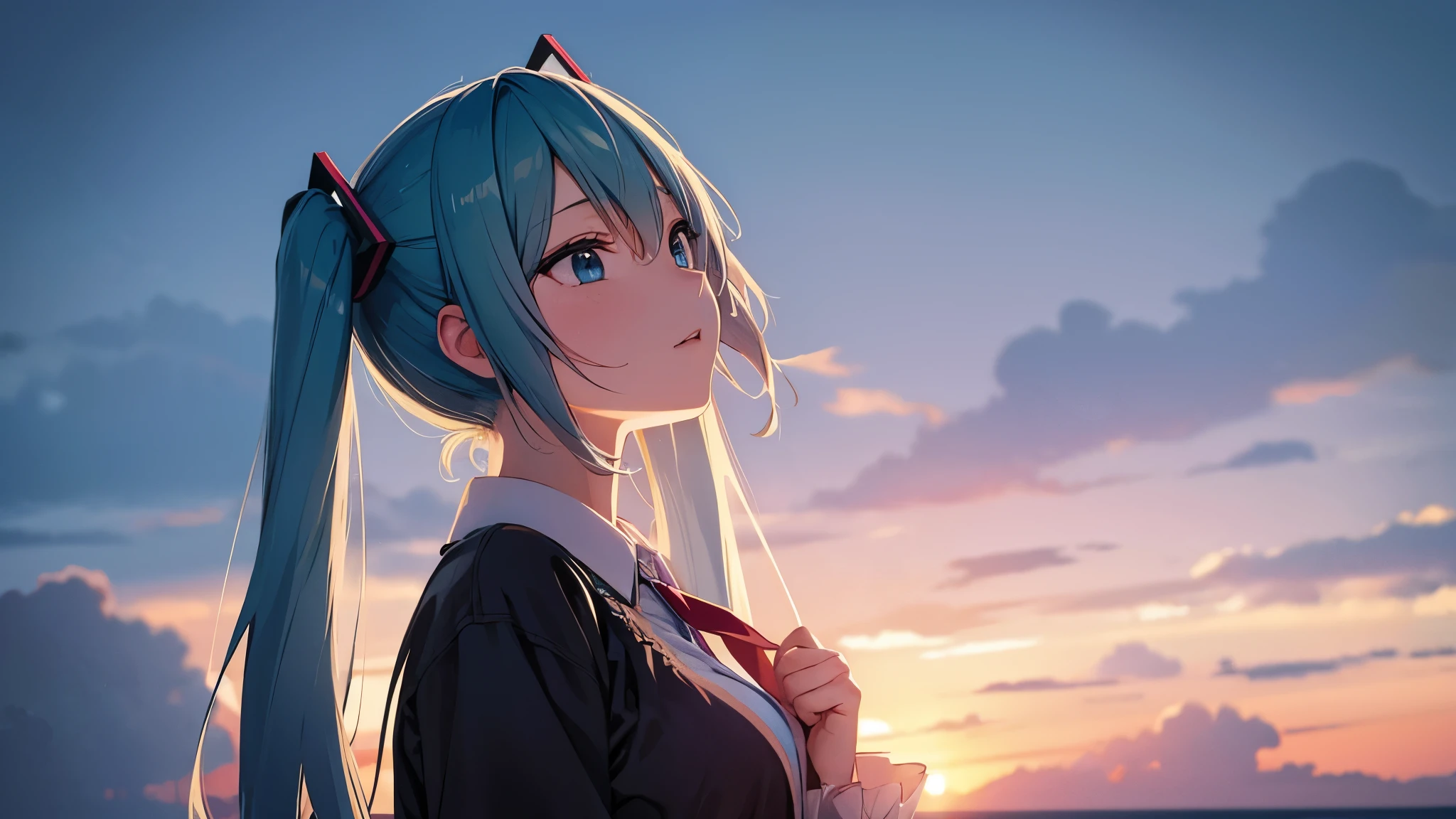 Anime characters、Hatsune Miku、Twin tails、Watching the rainy scenery
