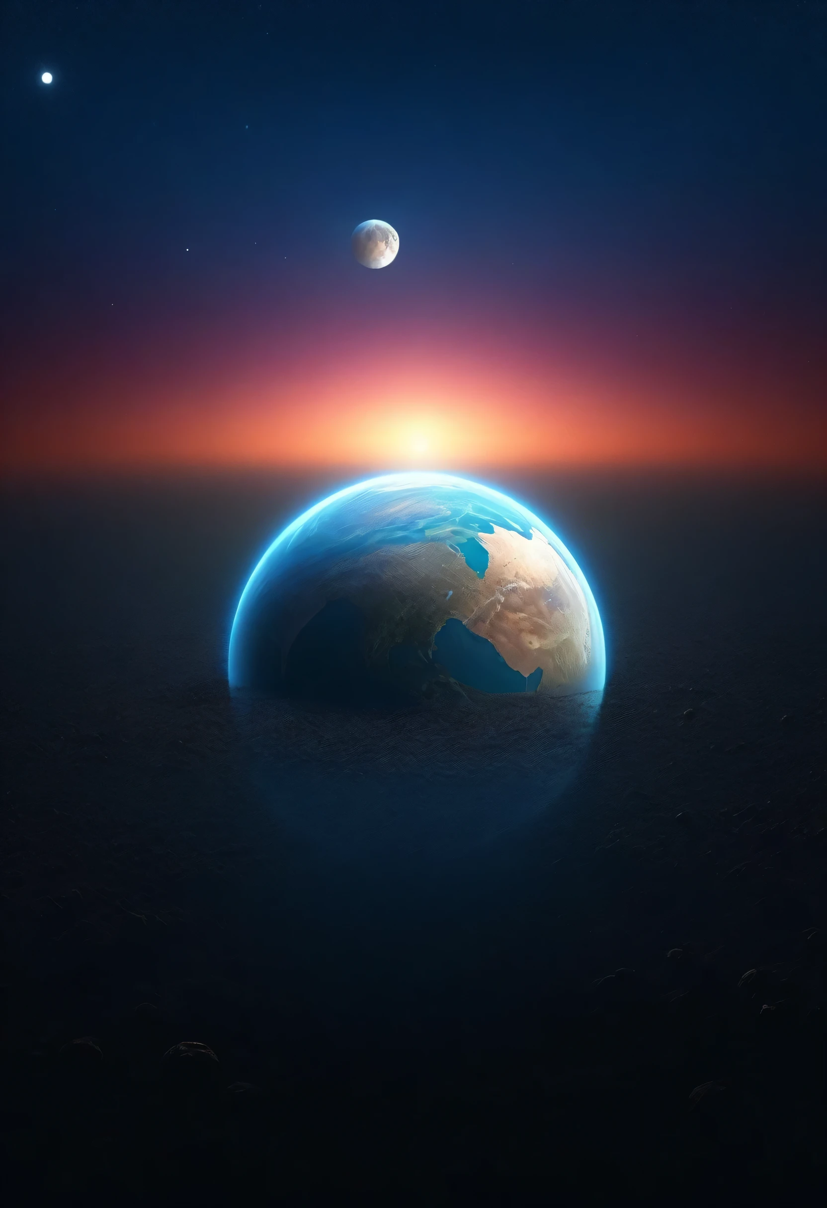Prompt: (masterpiece), best quality, hyper detailed, detailed lights, derailed colors, extremely detailed, morning sky, sunrise, Morning but sky full of stars, two moon, land in the other planets, nature, life in another world, fantasy, ambient. Earth 2.0.
