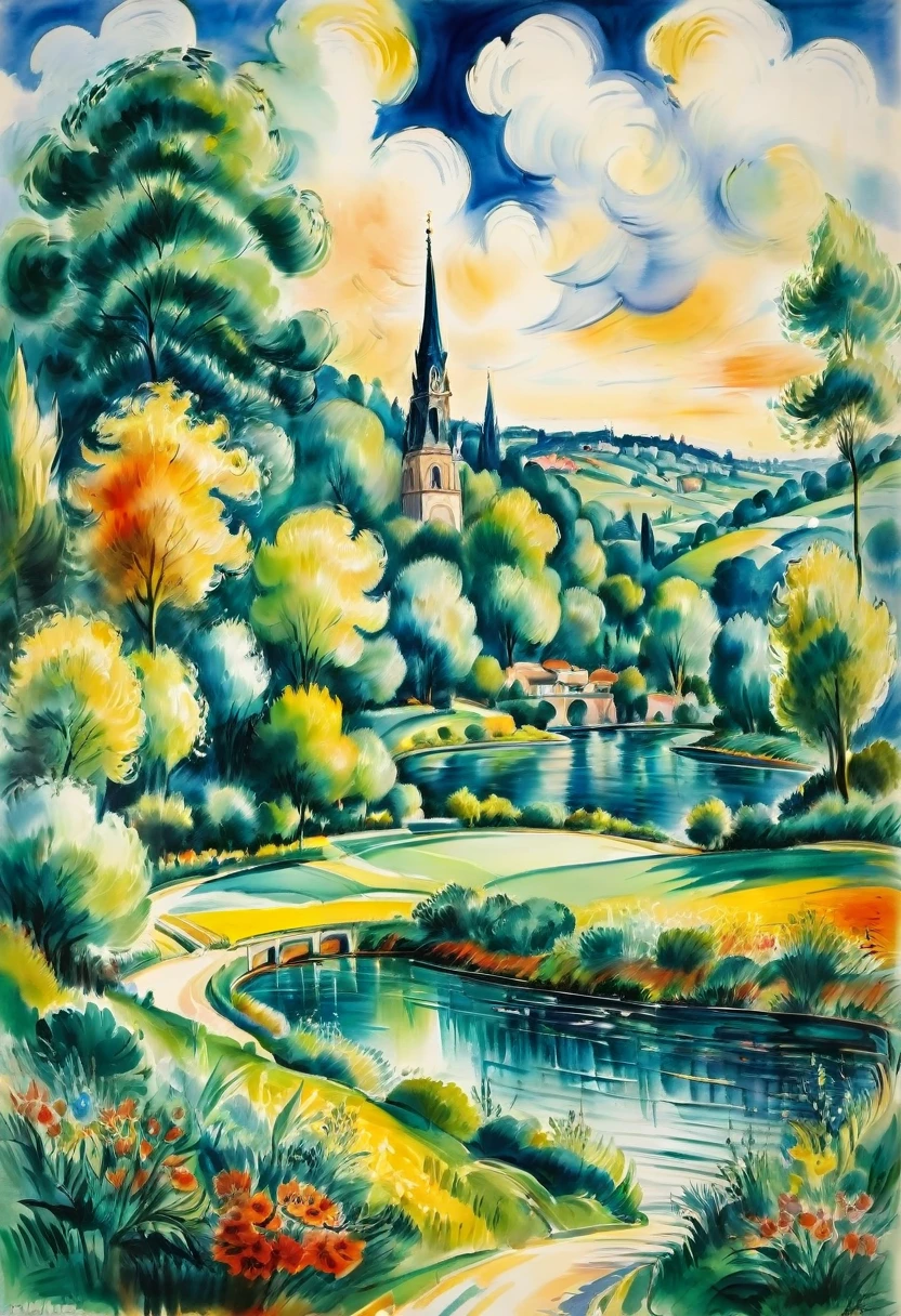 Watercolor Landscape, by Jean Dufy, best quality, masterpiece, very aesthetic, perfect composition, intricate details, ultra-detailed