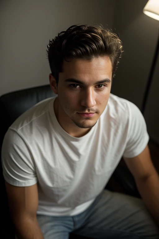 ((1 guy)) white guy wearing a black shirt, manly (sitting on a chair in a formal way, with his body forward and looking at the camera as if he were participating in an online meeting), very detailed, 18 years old , natural wave hair, brown eyes, ((short facial hair)), high resolution, Artwork, best quality, intricate details, highly detailed, sharp focus, detailed skin, realistic skin texture, texture, detailed eyes, Professional, 4k, Shot on Canon, 85mm, Shallow Depth of Field, Kodak Vision Color, Perfectly Shaped Body, Extremely Detailed, Photo_\(Ultra\), Photorealistic, Realistic, Post Processing, Maximum Detail, Roughness, Real Life, Ultra realistic, photorealism, photography, 8k HD, photography (film grain) ((medium shot atmospheric dark lighting))