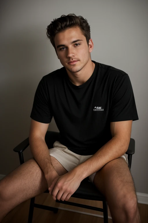 ((1 guy)) white guy wearing a black shirt, manly (sitting on a chair in a formal way, with his body forward and looking at the camera as if he were participating in an online meeting), very detailed, 18 years old , natural wave hair, brown eyes, ((short facial hair)), high resolution, Artwork, best quality, intricate details, highly detailed, sharp focus, detailed skin, realistic skin texture, texture, detailed eyes, Professional, 4k, Shot on Canon, 85mm, Shallow Depth of Field, Kodak Vision Color, Perfectly Shaped Body, Extremely Detailed, Photo_\(Ultra\), Photorealistic, Realistic, Post Processing, Maximum Detail, Roughness, Real Life, Ultra realistic, photorealism, photography, 8k HD, photography (film grain) ((medium shot atmospheric dark lighting))