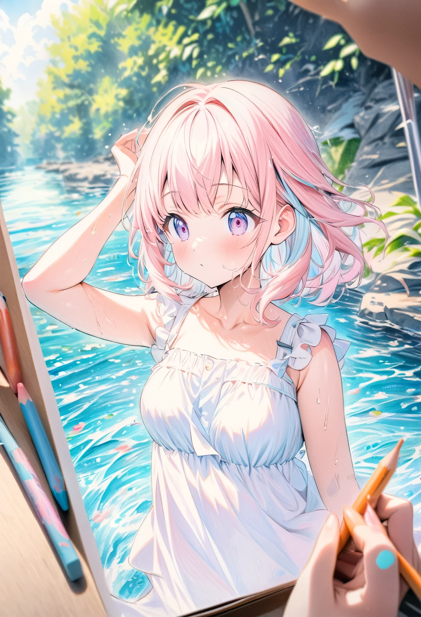 ((style:colored pencil,Light colors)),(masterpiece:1.2),(anime),Riverside、Water Play、girl、cute、sunlight、summer