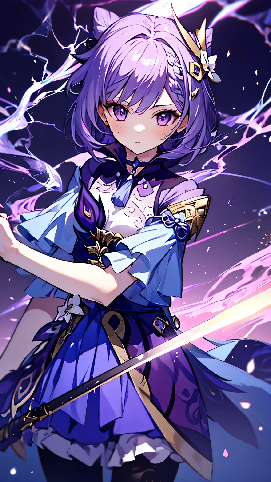 masterpiece, best quality, 1girl, keqing, genshin impact, purple hair, blue hair, cute, purple hair, sword, purple lightning, high resolution, detailed, Teyvat background.
