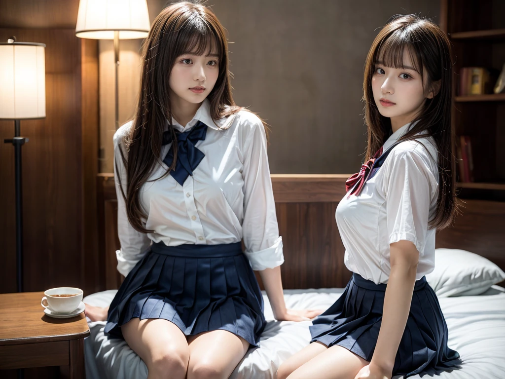 (RAW photo, 4k, masterpiece, high resolution, extremely complex) (realistic: 1.4), cinematic lighting
((2 girls, 2 schoolgirls)),Slam Dunk's,blushing,((innocent)),bright eyes,round eyes,blunt bangs,(straight hair:1.3),black hair,large breasts,wide hips,Summer Noon, ,Hot, (Best Quality), (Highres), (an Extremely Delicate and Beautiful),(Beautiful 8k face),(Brown eyes),short bob hair,( spectators),(gigantic breasts),(Play with each other,Touching each other's bodies,Touching the body),(Japanese high school uniform:1.3),blue skirt,(reality),bright lighting,(The background is a luxury hotel room)