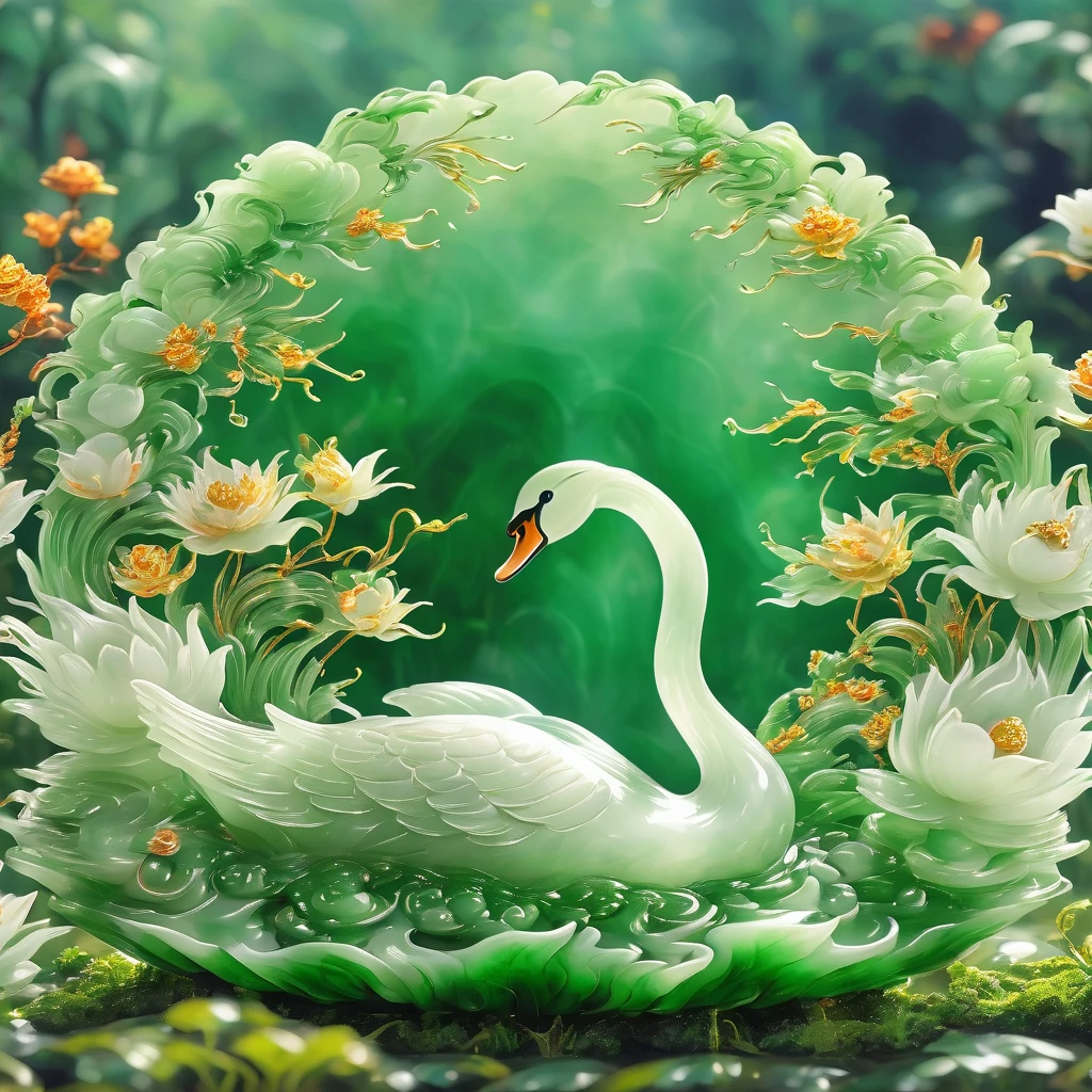 best quality, very good, 16K, ridiculous, Extremely detailed, Lovely(((swan:1.3))),Made of transparent jade, Background grassland((A masterpiece full of fantasy elements))), ((best quality)), ((Intricate details))(8k)