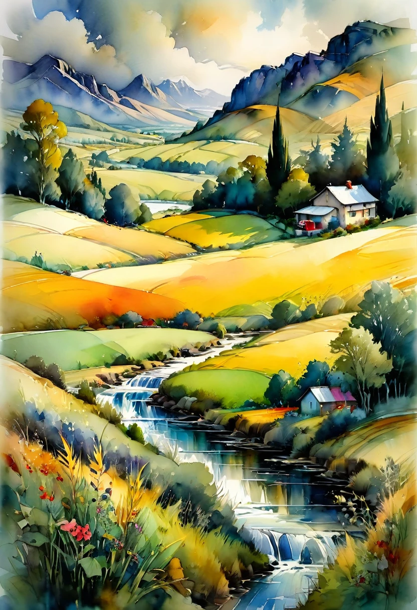 Watercolor Landscape, by Shirley Trevena, best quality, masterpiece, very aesthetic, perfect composition, intricate details, ultra-detailed