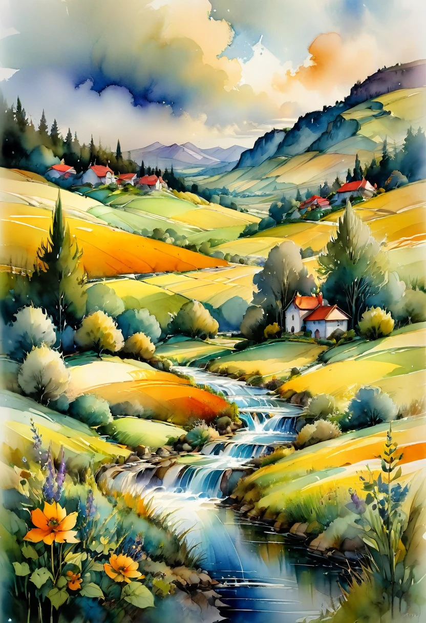 Watercolor Landscape, by Shirley Trevena, best quality, masterpiece, very aesthetic, perfect composition, intricate details, ultra-detailed