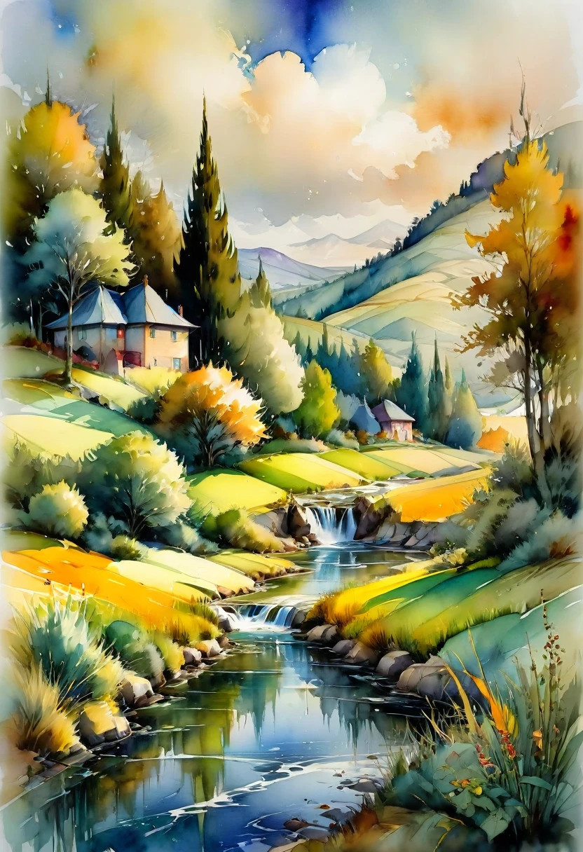Watercolor Landscape, by Shirley Trevena, best quality, masterpiece, very aesthetic, perfect composition, intricate details, ultra-detailed