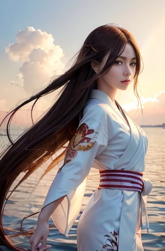 a lot of details, (slender waist), 30 years old, detailed black hair, beautiful detailed hair, super fucking beautiful, complex details beautiful and delicate eyes, perfect hands, (small breasts best quality), perfect and delicate limbs, detailed skin, best quality, ultra-detailed,
Japanese temple, (suzaku:1.5), cloud texture, blissful, smiling, (floating:1.3), looking down, long hair tied back, (Japanese floral white kimono:1.2), Japanese, in the clouds, with a rainbow, full body shot, front view, ground-level shot