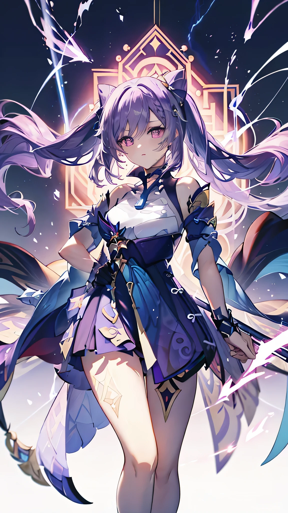 masterpiece, best quality, 1girl, keqing, genshin impact, purple hair, blue hair, cute, purple hair, sword, purple lightning, high resolution, detailed, Teyvat background.