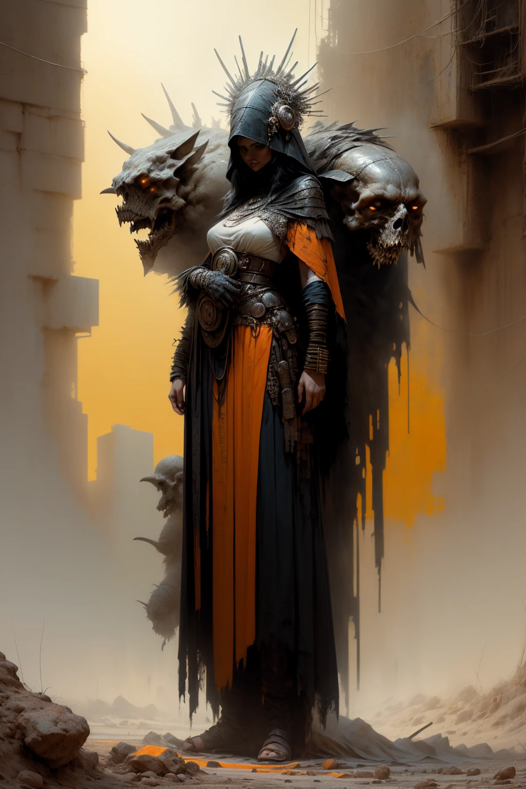 oscuro y desgarrado, 1 mujer joven hermoso cuerpo musculoso, fierce expression, sosteniendo un arma, (colores en su ropa, warm, naranja, amarillo, Violeta:1.3), standing in a desolate wasteland, dramatic lighting, sombras intensas, textura arenosa, tall contrast, colores vibrantes, dynamic pose, postura poderosa, fondo rugoso, explosive atmosphere, dystopian theme, elementos surrealistas, digitally painted illustration, High definition resolution, detalles intrincados, dramatic composition, avant-garde and chaotic brushstrokes, Gothic style, emociones intensas, epic scale, raw and gritty feeling, Obras de arte cautivadoras y provocativas..