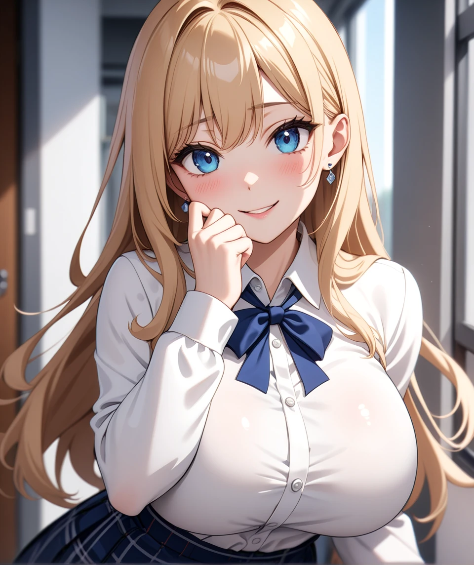 (One girl), Beautiful smile,Bullish expression, Sweat,Blushing,Close your mouth,Glossy Lips,Abstract, School, masterpiece, highest quality, so beautiful, Absurd, up to date, Complex details, Pink long nails,AI-generated, Complex,High resolution, highest quality, super high quality,3D Images、View the viewers、3D Images,one person,Long Blonde Hair,blue eyes,Anime girl posing for photo, [[Fine grain、Colorful eyes、Shining Eyes:1.15]],(Sharp Eye:1.3),a hyperRealistic , hyperRealistic , Realistic , blonde anime girl with long hair, Smooth anime CG art, Beautiful anime school girl,White long sleeve blouse,Blue checked skirt,Big blue chest ribbon, Earrings,(Large Breasts:1.3), Mature Body,Fine details,Abdominal muscles,Lift up your skirt with your hands,Black pants