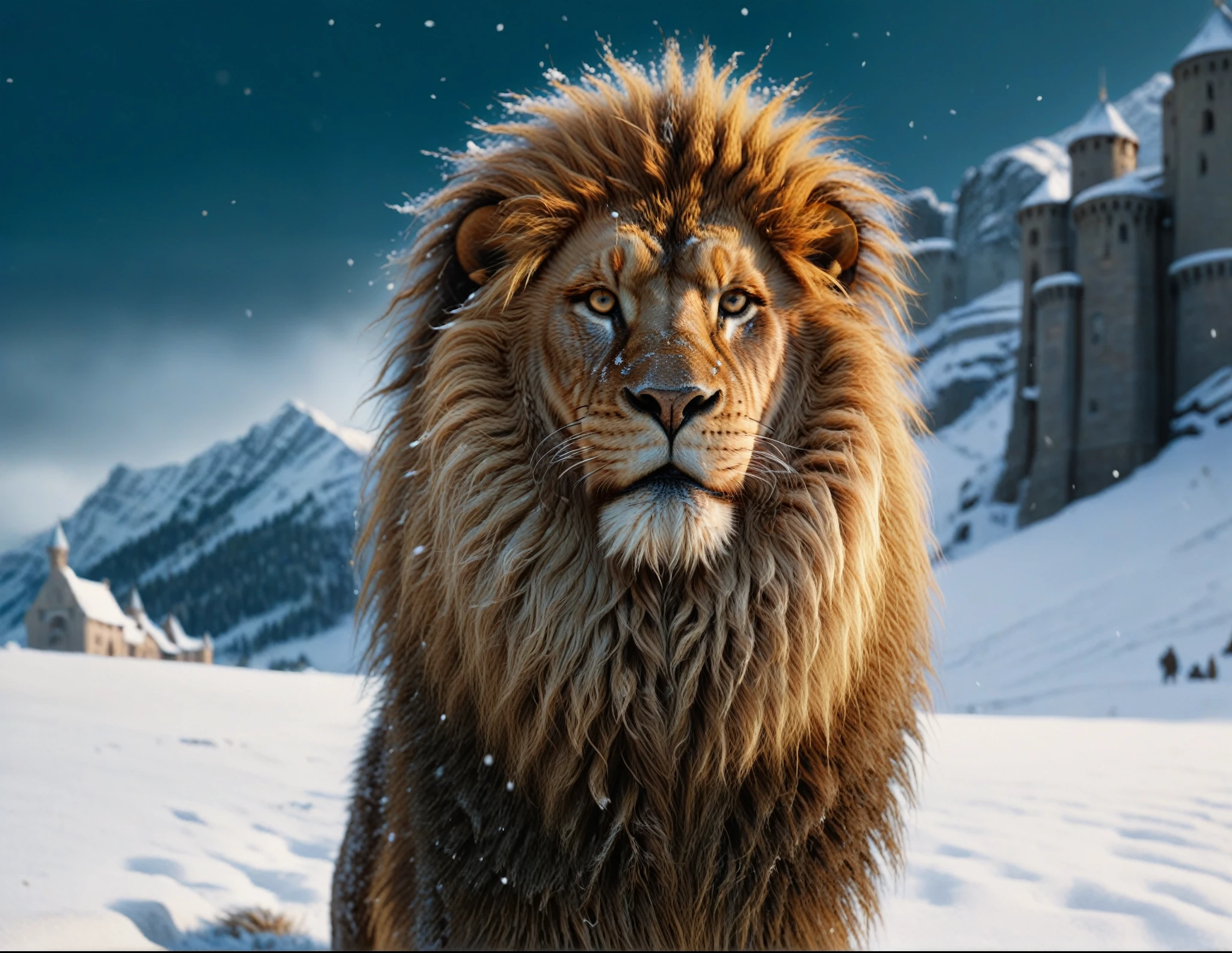  the chronicles of narnia, Aslan in the dense snow, cair paravel in the background, hyper-realistic close-up image, 8k resolution, cinematic lighting, UHD, HDR, RAW,  intricated details, color grading,  gradient map, epic masterpiece, film poster style, delicate detailing,subtle texture,soft-focus effect,soft shadows,minimalist aesthetic,gentle illumination,elegant simplicity,serene composition timeless appeal,visual softness,extremely high quality high detail RAW color photo,professional lighting,sophisticated color grading,sharp focus,soft bokeh,striking contrast,dramatic flair,depth of field,seamless blend of colors,CGI digital painting,cinematic still 35mm,CineStill 50D,800T,natural lighting,shallow depth of field,crisp details,hbo netflix film color LUT,32K,UHD,HDR,film light,panoramic shot,breathtaking,hyper-realistic,ultra-realism,high-speed photography,perfect contrast,award-winning phography,directed by lars von trie