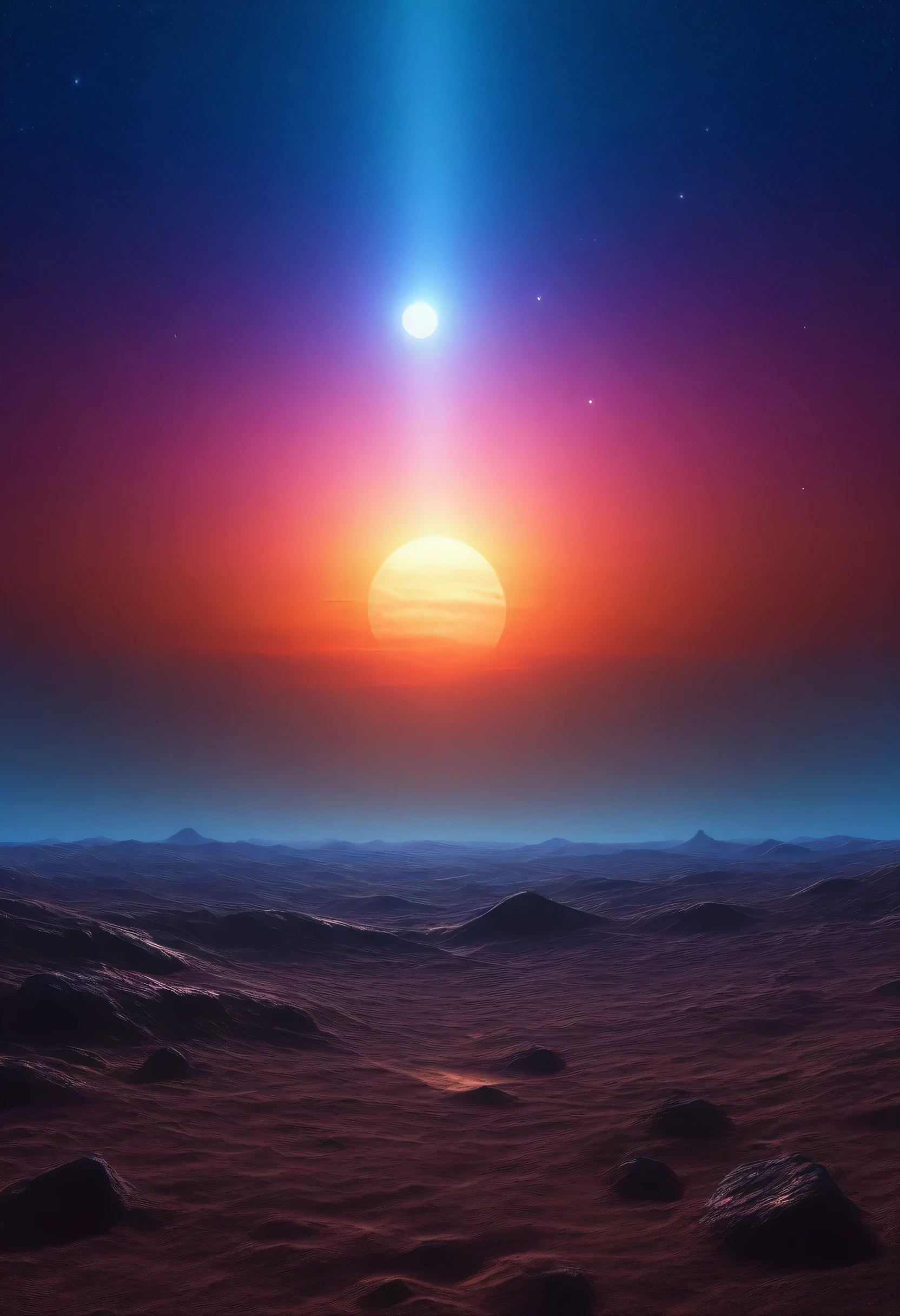 Prompt: (masterpiece), best quality, hyper detailed, detailed lights, derailed colors, extremely detailed, morning sky, sunrise, Morning but sky full of stars, two moon, land in the other planets, nature, life in another world, fantasy, ambient. Alien world.