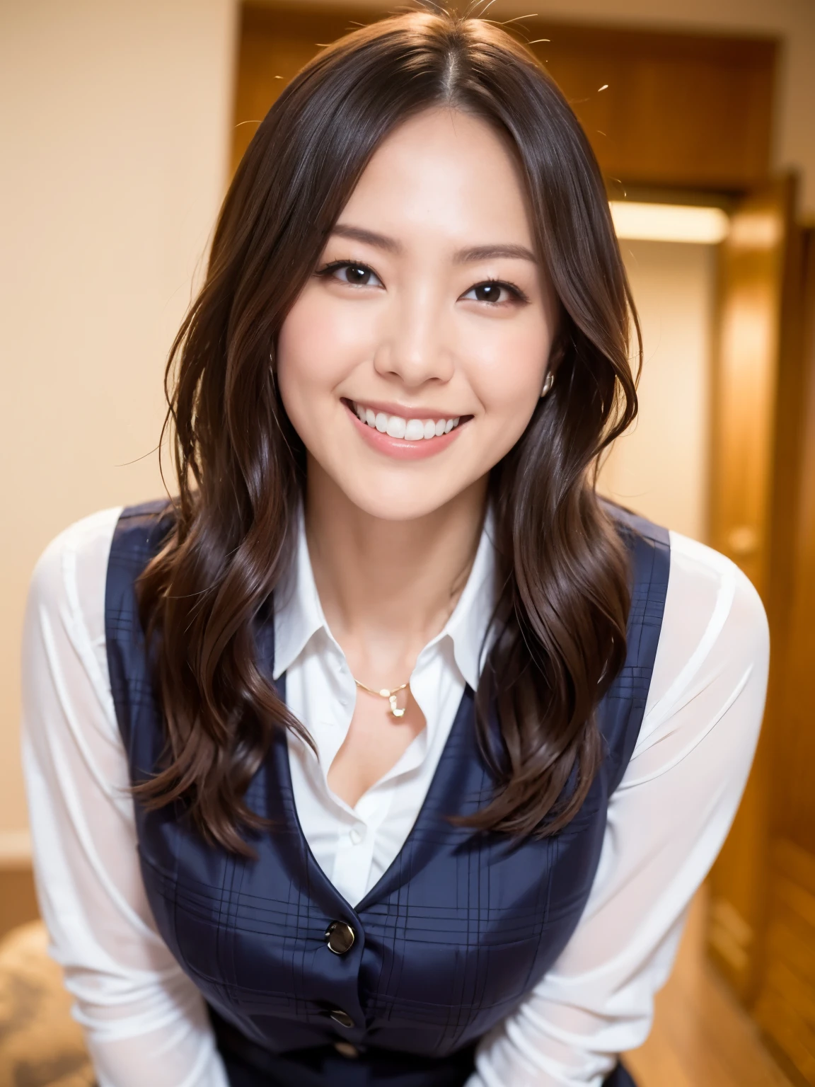 日本人woman、32 years old, (RAW Photos:1.2), (Photorealistic),(Genuine: 1.4), (Pieces fly), highest quality, shape, Very detailed, finely, High resolution, 8k wallpaper, 完璧なダイナミックな構shape, Beautiful and detailed, (Plaid vest), , A tough challenge, (Ultra-realistic pantyhose:1.2), skirt、Bob Hair, Natural color lip, Bold sexy pose, (A very loving smile:1.2)、woman、cute、sexy shot looking at camera, Realistic skin texture、Shiny skin、