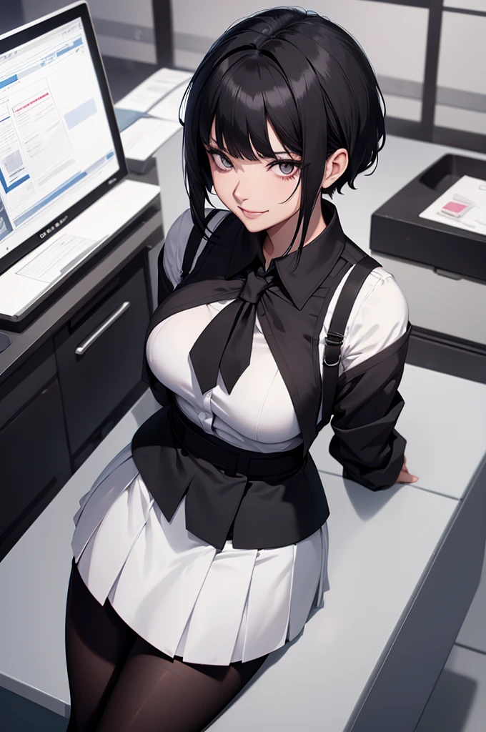 juri han, work of art, tight white secretary shirt with black tie, black high waist skirt, short skirt, short hair, black hair, black tights,evil smile,office,franja nos olhos,lighting,chifre de cabelos,view from above,olhando para cima,sorriso
