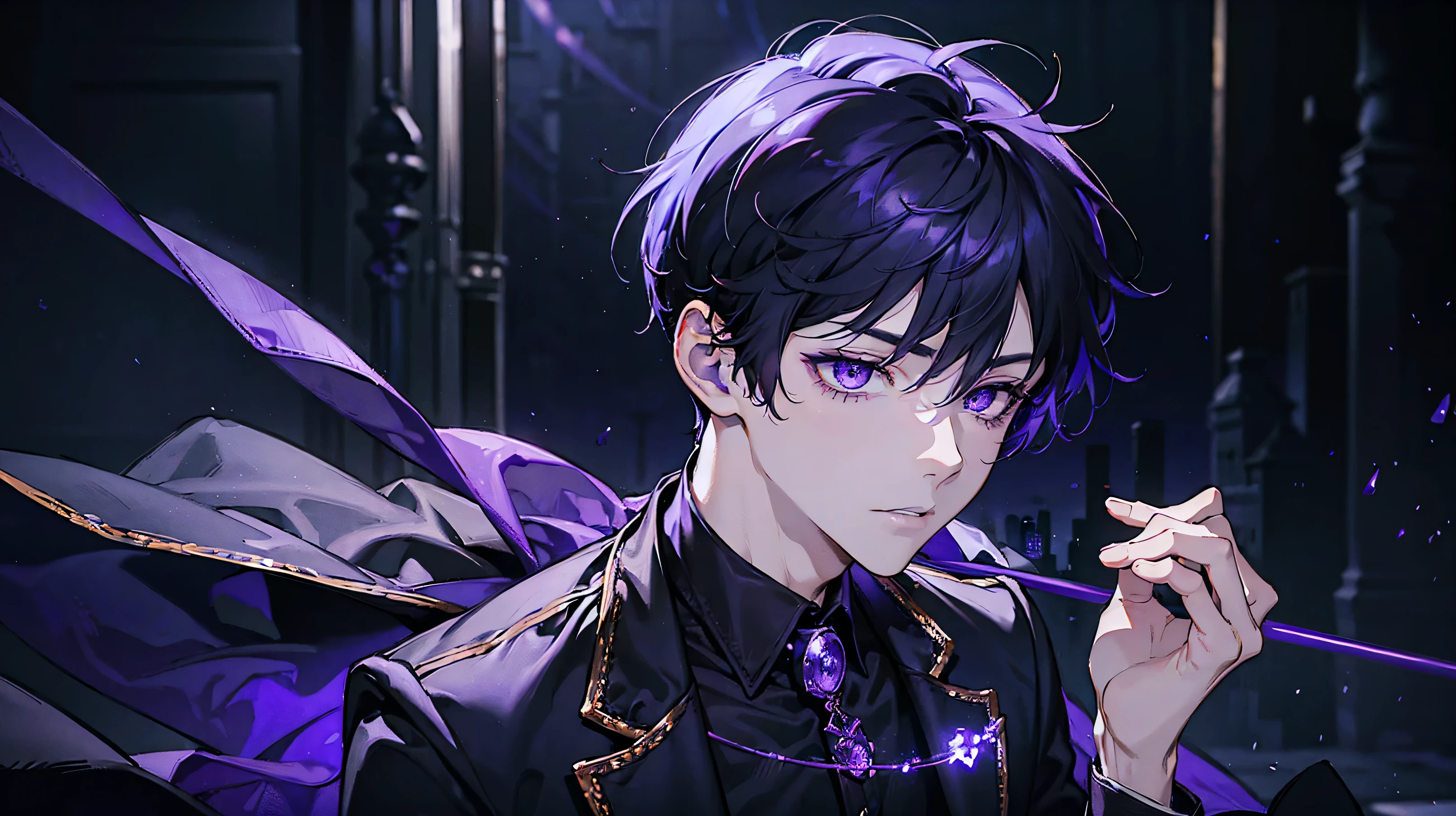 1boy, short purple hair, dark purple eyes, wearing all black suit, castle with purple lights, midnight, dark purple lights, full moon, high res, ultrasharp, 8k, masterpiece, looking at viewer from behind