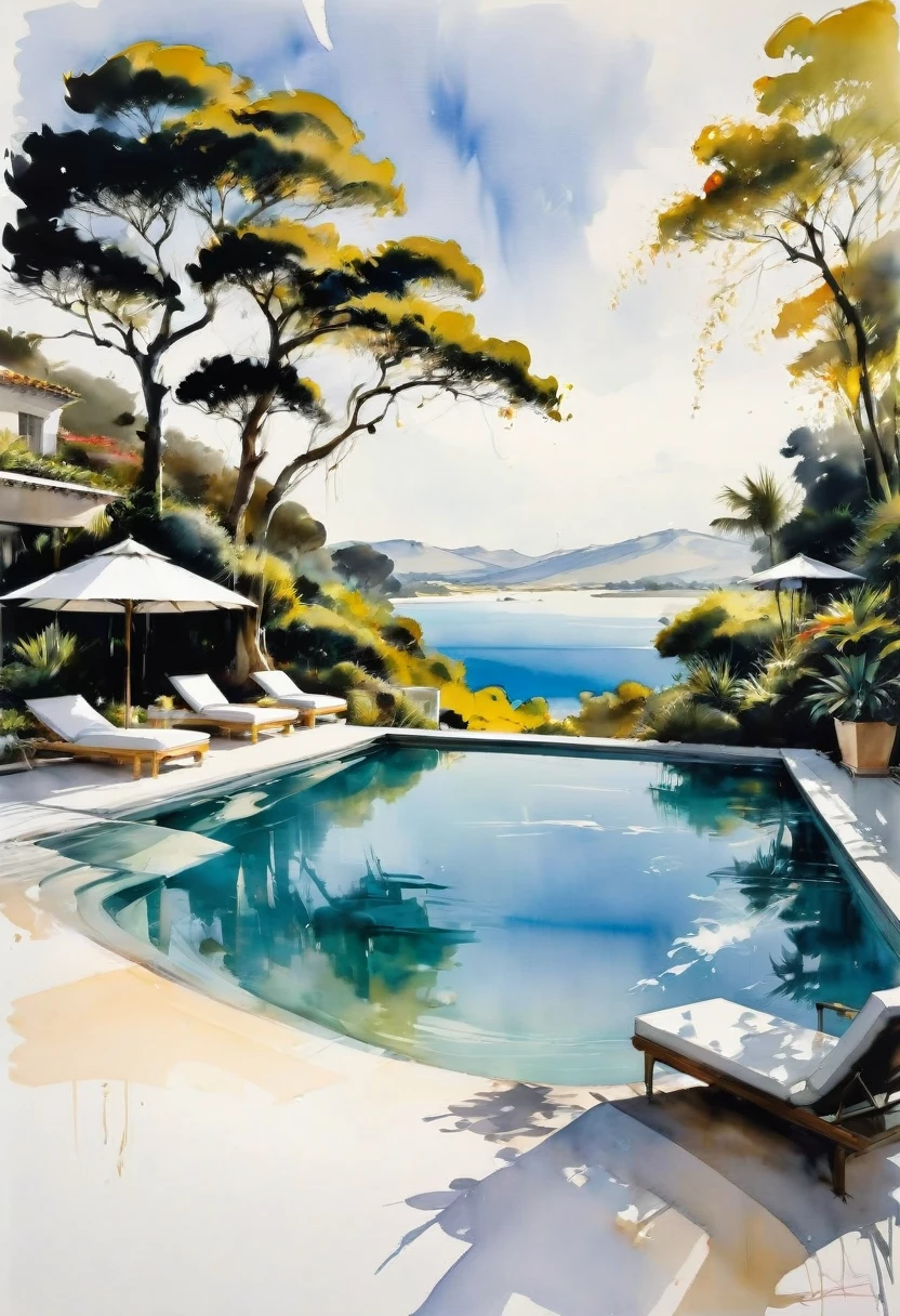 Watercolor Landscape, by David Downton, best quality, masterpiece, very aesthetic, perfect composition, intricate details, ultra-detailed