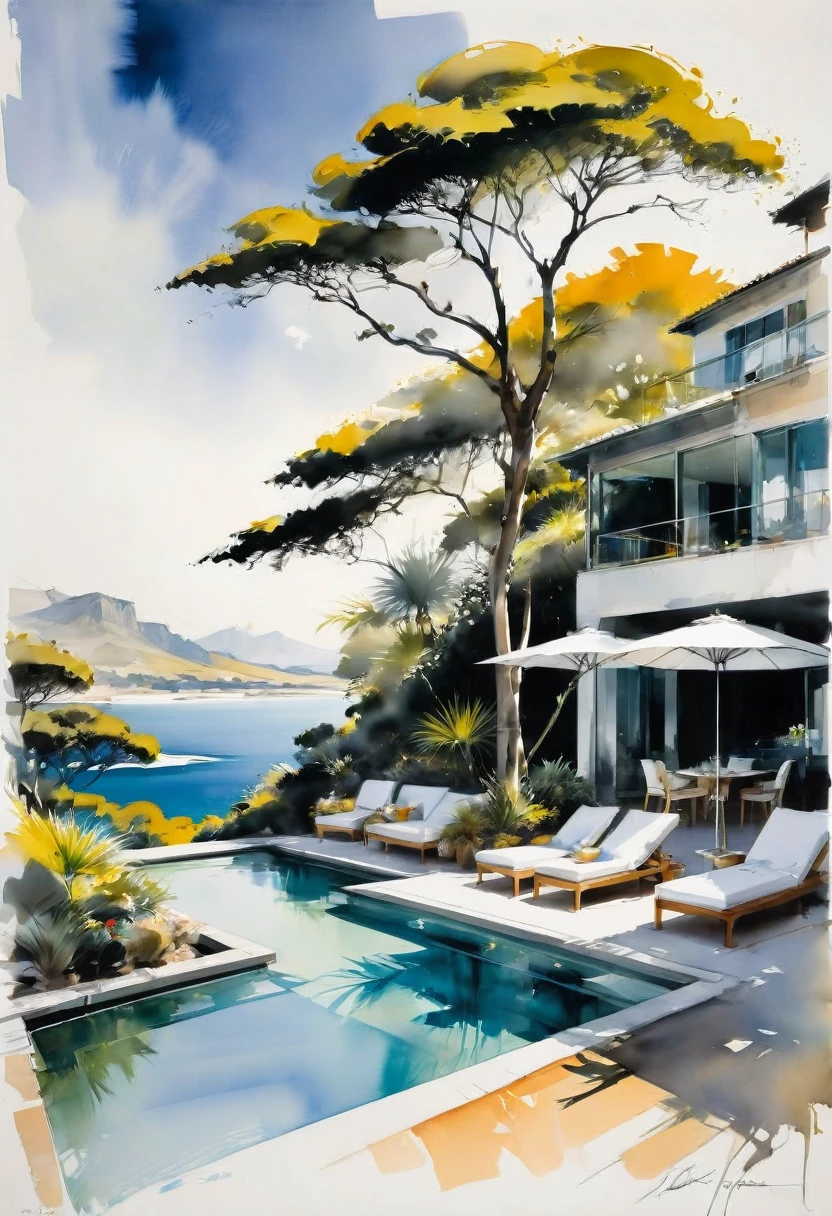 Watercolor Landscape, by David Downton, best quality, masterpiece, very aesthetic, perfect composition, intricate details, ultra-detailed