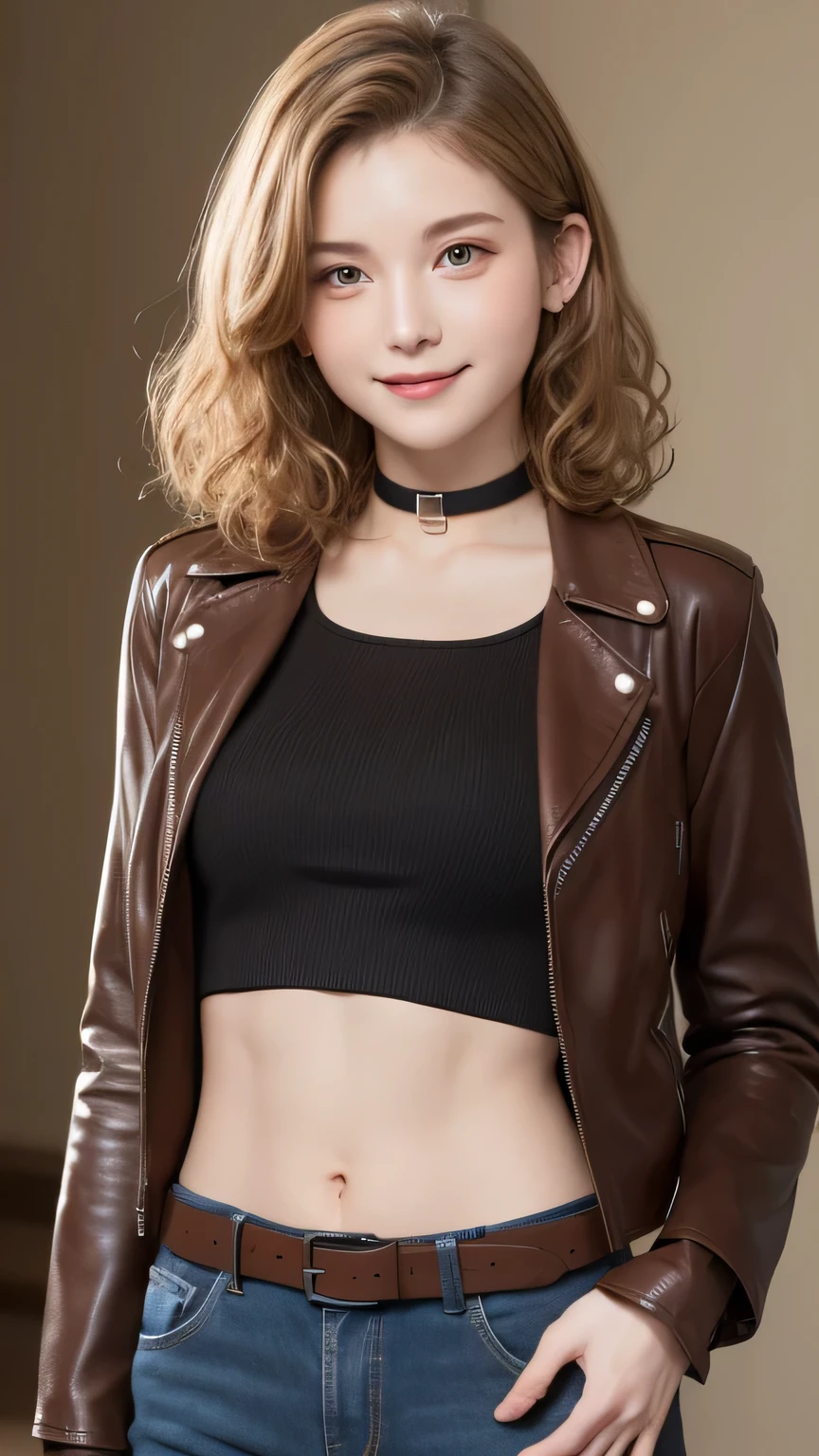 (masterpiece、highest quality、Official Art:1.2)、
masterpiece,best quality,s old ,
(light brown skin color:1.2), Red eyes, Blonde, Curly Hair, horn, Short leather jacket, sleeve, Abdominal muscles, gloves, pants, torn pants, choker, belt, Crop top,
huge shy smile , big eyes:1.3