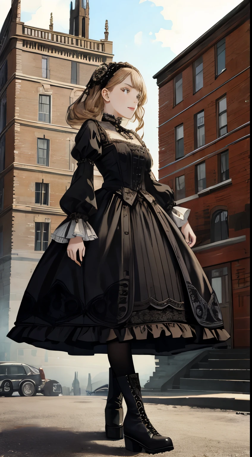 A woman wearing a dress and boots is standing in front of a building, Baroque Dress, Detailed steampunk dress, Elegant Gothic Princess, Victorian Gothic ****ta Fashion, 歴史的なBaroque Dressダーク, Black Gothic ****ta Dress, Fantasy style clothing, Rococo Dress, Black Rococo, Classic witch, Fantasy Costume, wearing a Gothic Dress, romantic dress, Gothic Dress