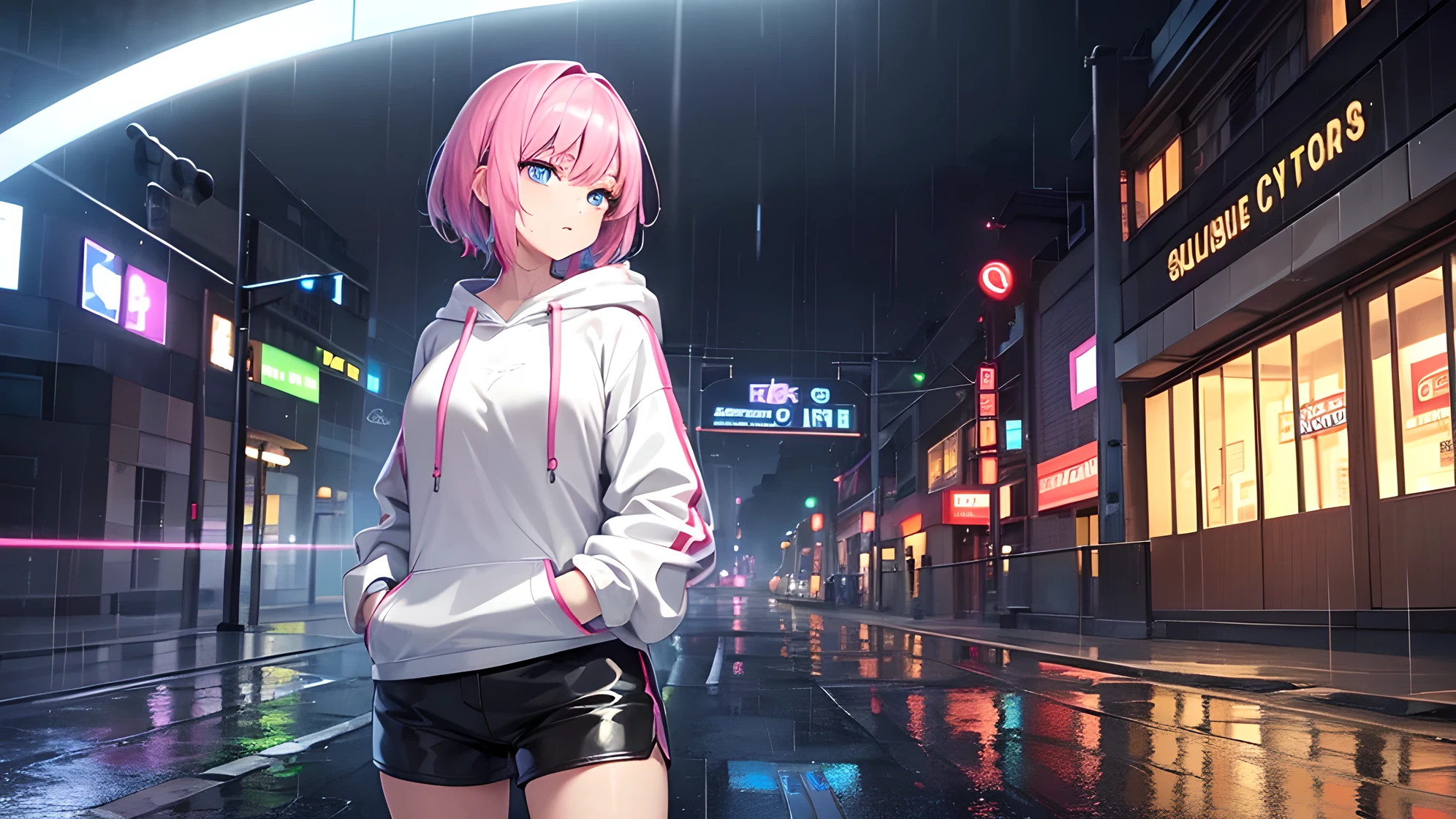 Masterpiece, 8K resolution, Highest Quality, Ultra-detailed, 1 Woman, Solo, Unbelievably Absurd, Oversized Hoodie, Headphones, Street, Outdoor, Rain, Neon, Short Hair, Light-colored eyes, Hands in Pockets, Shorts, Water Droplets Fall
Imagine a symphony of light and color emerging from the heart of a wet, neon-lit street, under the soft patter of rain. A solitary figure stands, her light-colored eyes reflecting the vivid neon spectrum. She dons an oversized hoodie, the fabric stretched taut across her figure, creating a surreal,