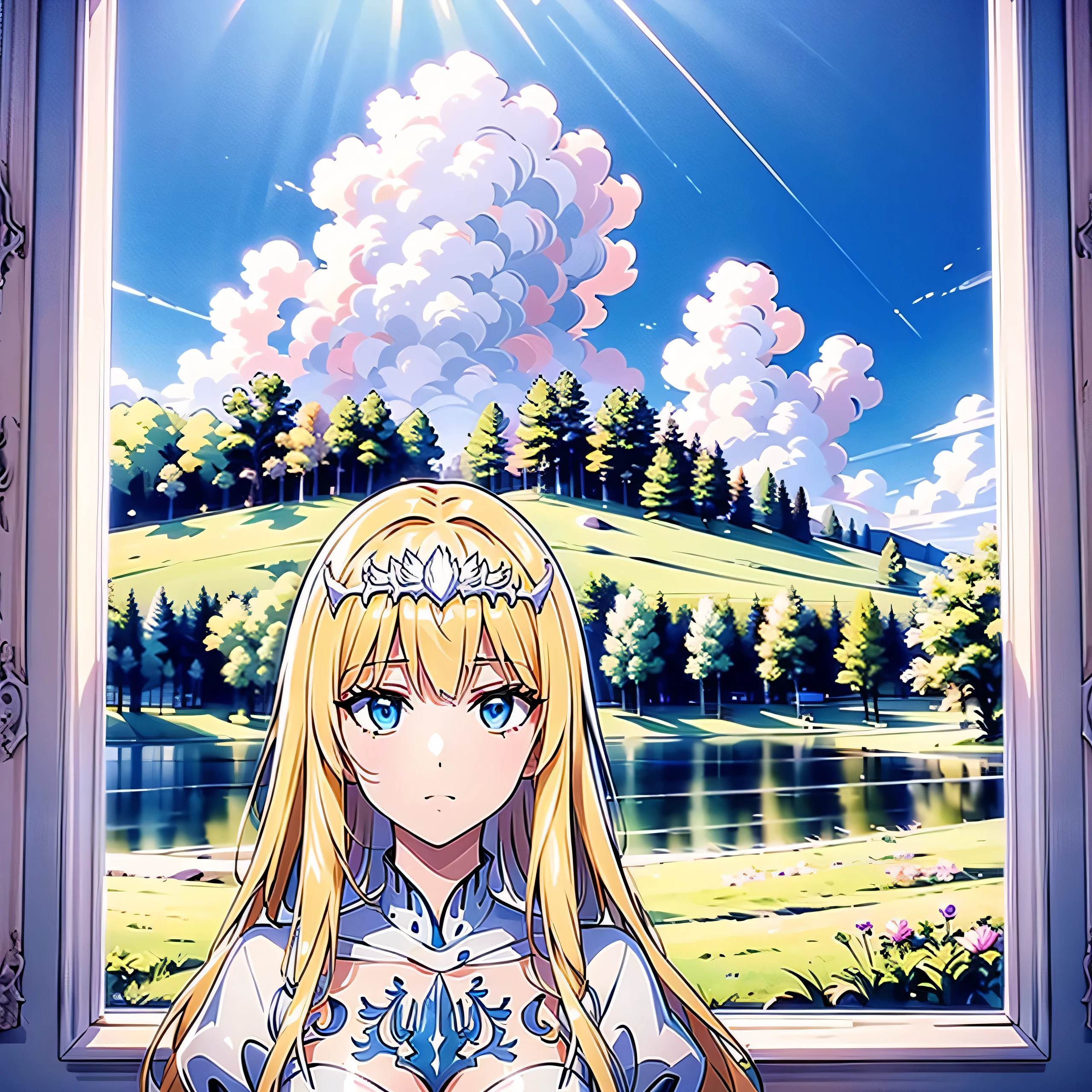 1girl, portrait, pond, beautiful flower, cinematic angle, cinematic lighting, (oil painting), picture frame, ((masterpiece)), ((best quality)), ((ultra-detailed)), (illustration), ((an extremely delicate and beautiful)), solo,  Calca, Calca Bessarez, blonde hair, extremely long hair, very long hair, white tiara, silver tiara, white dress, blue eyes, medium chest, long straight hair