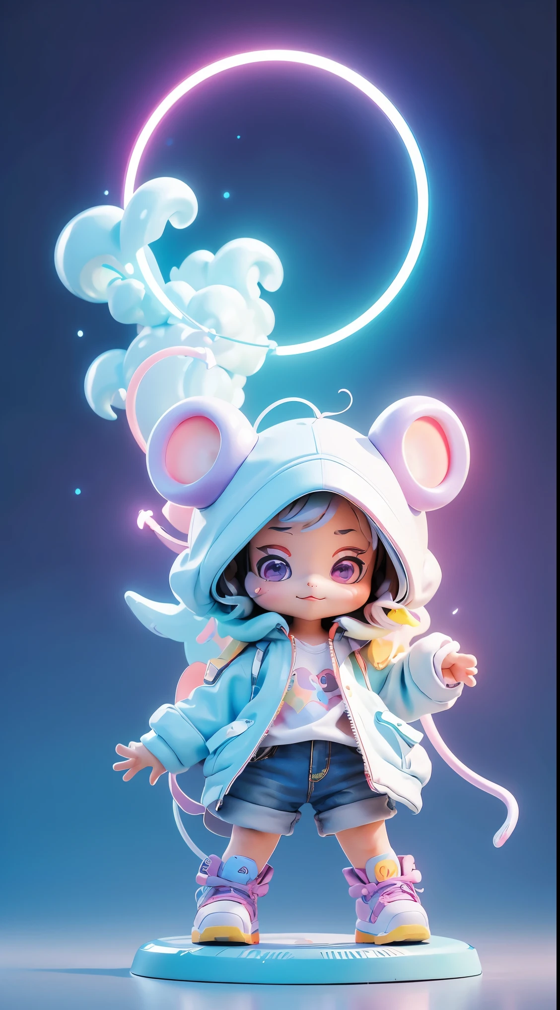 Blind box style， tchibi，A huge cute colourful mouse with a  standing in front of it, digital art, fantasy style, fabulous, cool, dreamy rainbow core, animated energy, rich detail, light leaks, psychedelic illustration, god rays, rainbow core, white background, simple background