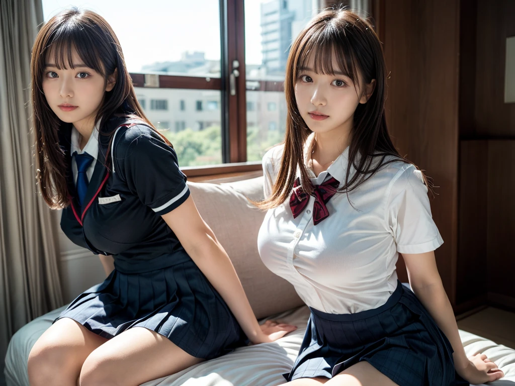 (RAW photo, 4k, masterpiece, high resolution, extremely complex) (realistic: 1.4), cinematic lighting
((2 girls, 2 schoolgirls)),Slam Dunk's,blushing,((innocent)),bright eyes,round eyes,blunt bangs,(straight hair:1.3),black hair,large breasts,wide hips,Summer Noon, ,Hot, (Best Quality), (Highres), (an Extremely Delicate and Beautiful),(Beautiful 8k face),(Brown eyes),short bob hair,( spectators),(gigantic breasts),(Play with each other,Touching each other's bodies,Touching the body),(Japanese high school uniform:1.3),blue skirt,(reality),bright lighting,(The background is a luxury hotel room)