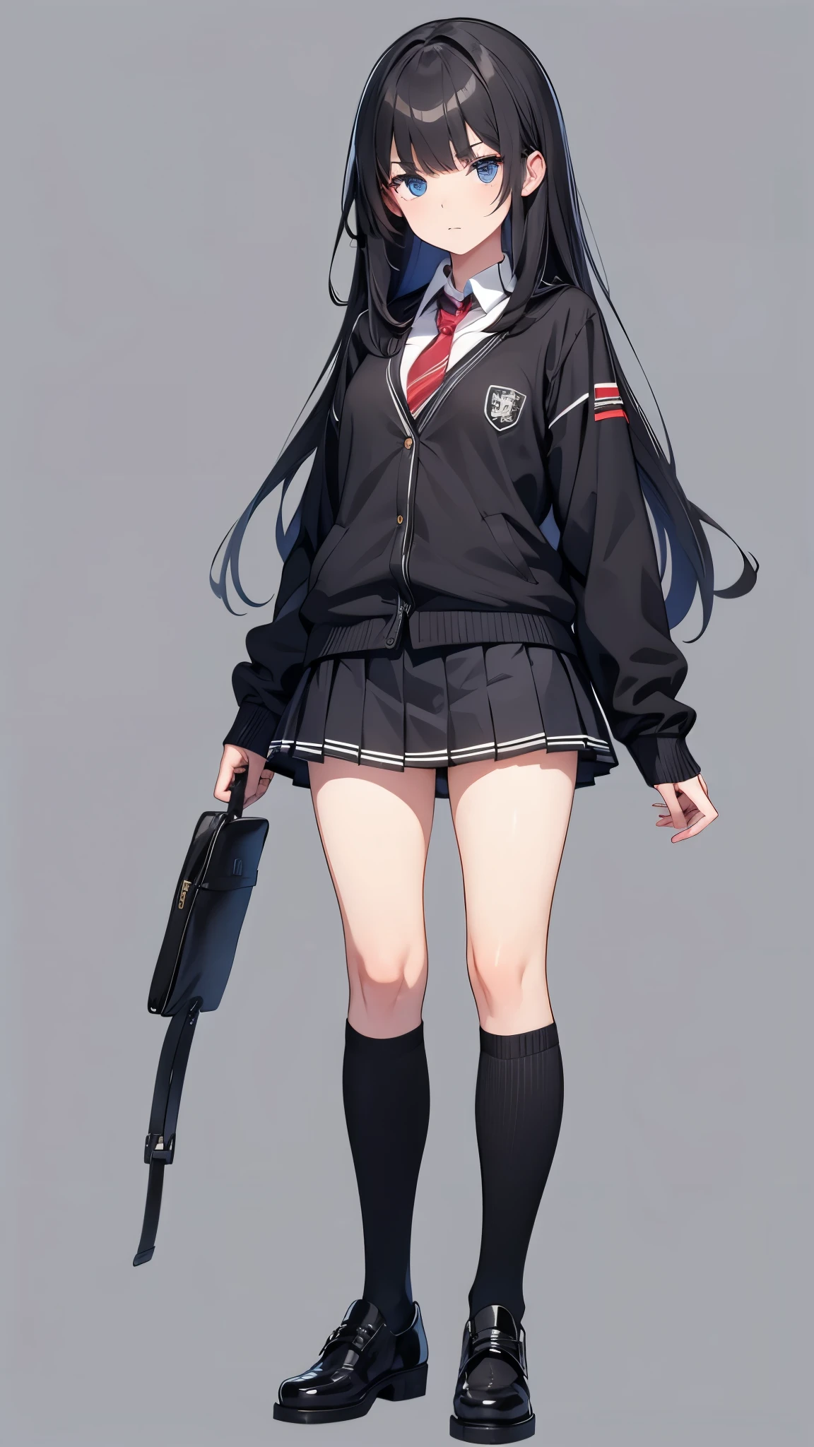 1girl, girl, solo, (standing), (serious), long hair, dark hair, black cardigan, pleated skirt, socks, black footwear, masterpiece, best quality, (no background, simple background)