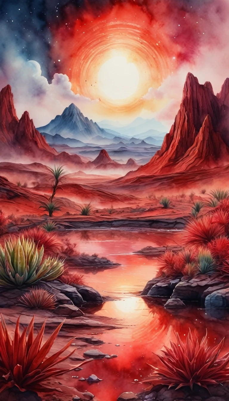 a beautiful alien landscape, watercolor painting, fantasy sci-fi scene, strange alien plants, red hills, supernova explosion in the sky, cinematic, dramatic lighting, light colors, intricate details, photorealistic, 8k, ultra-detailed, masterpiece, soft brush, watered colors and strokes