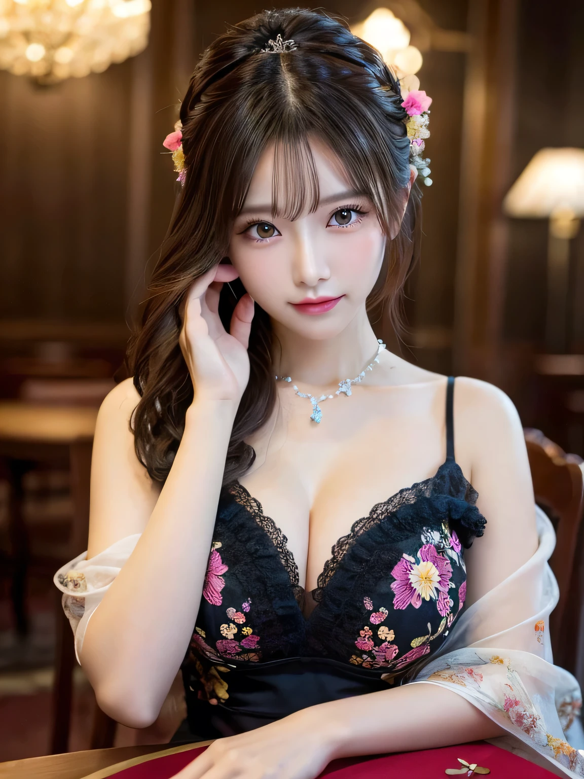 (Eyes on viewer 2.0),(Big Tits 1.9),(Gorgeous colorful dress 1.8),(Table Top 1.8),masterpiece,Highest Resolution,Dynamic bust of a beautiful Chinese woman,Delicate black bun,Wavy long hair,Black clear eyes,Her hair is covered with beautiful and delicate floral detailing., crystal jewelry filigree,Ultra-detailed details,beauty effect,Soft Lighting。