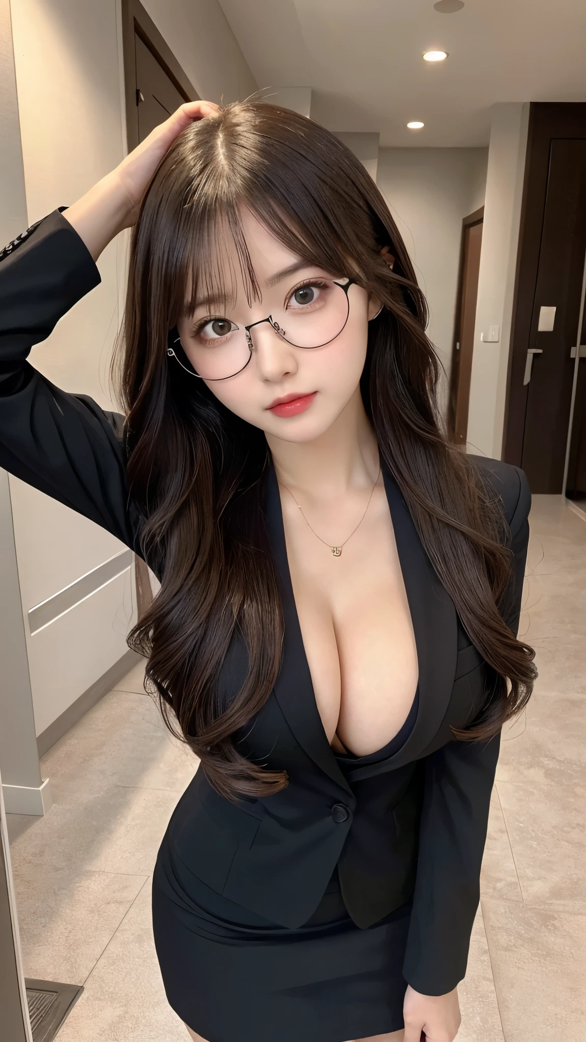 （ High resolution：1.3），(Perfect Anatomy) high resolution，8K，1. Woman with perfect body， Highly detailed face and eyes，Random Hairstyles，Black secretary suit， (Cute face)，Age 20，Normal chest ，Exposing cleavage,Random sexy poseini skirt，Naked in a suit，Red slim glasses