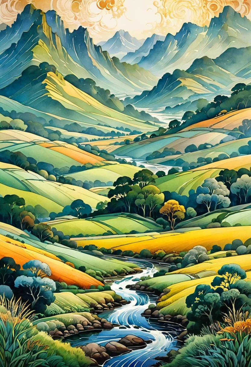 Watercolor Landscape, by Sybil Andrews, best quality, masterpiece, very aesthetic, perfect composition, intricate details, ultra-detailed