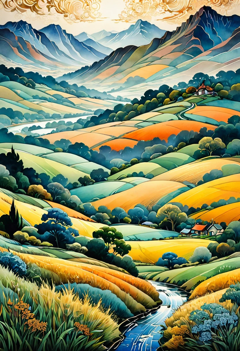 Watercolor Landscape, by Sybil Andrews, best quality, masterpiece, very aesthetic, perfect composition, intricate details, ultra-detailed
