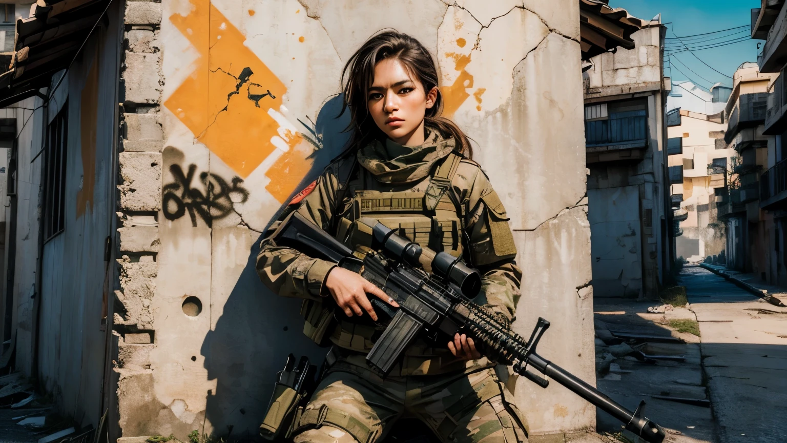 (mejor calidad), (alto detalle), (vivid colors), (tactical style), (tactical), (de cerca), (1 chica), Mujer militante sexy con un rifle de asalto., Leaning against a damaged wall with bullet holes, hdr, 4k, 3d, estilo de arte graffiti.