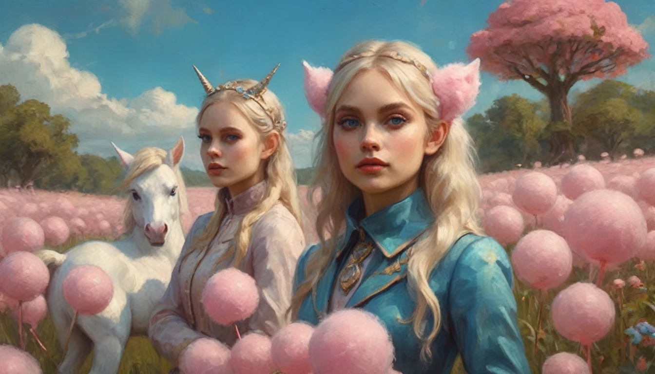 (Extreme complexity, two subjects)(subject 1: cryptic girl, blonde, high tech suit) (subject 2: elf companion, high fantasy regal outfit, very big eyes and ears) riding cotton candy pink unicorns, blue prairie, ethereal, fantasy, magical realism, highly detailed, 8k, cinematic lighting, vibrant colors, dramatic composition, intricate details, imaginative, cinematic perspective, surreal, dreamlike, whimsical, beautiful, magical, (best quality,4k,8k,highres,masterpiece:1.2),ultra-detailed,(realistic,photorealistic,photo-realistic:1.37)