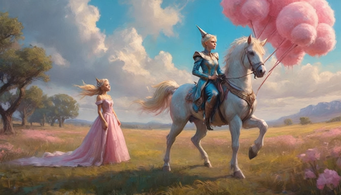 (Extreme complexity, two subjects)(subject 1: cryptic girl, blonde, high tech suit) (subject 2: elf companion, high fantasy regal outfit, very big eyes and ears) riding cotton candy pink unicorns, blue prairie, ethereal, fantasy, magical realism, highly detailed, 8k, cinematic lighting, vibrant colors, dramatic composition, intricate details, imaginative, cinematic perspective, surreal, dreamlike, whimsical, beautiful, magical, (best quality,4k,8k,highres,masterpiece:1.2),ultra-detailed,(realistic,photorealistic,photo-realistic:1.37)