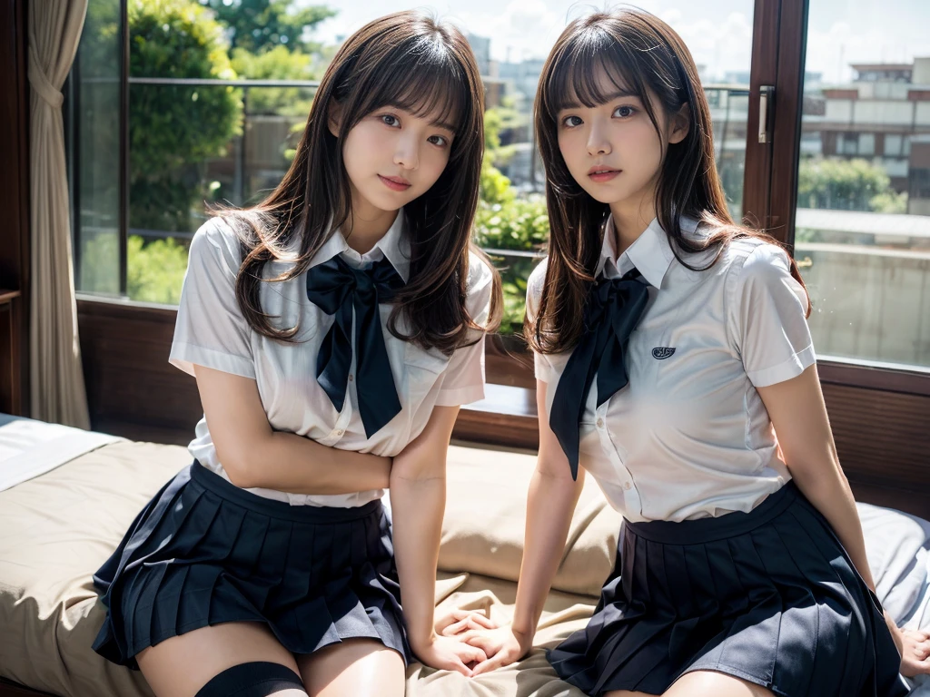(RAW photo, 4k, masterpiece, high resolution, extremely complex) (realistic: 1.4), cinematic lighting
 ((2 girls, 2 schoolgirls)),Slam Dunk's,blushing,((innocent)),bright eyes,round eyes,blunt bangs,(straight hair:1.3),black hair,large breasts,wide hips,Summer Noon, ,Hot, (Best Quality), (Highres), (an Extremely Delicate and Beautiful),(Beautiful 8k face),(Brown eyes),short bob hair,( spectators),(gigantic breasts),(Play with each other,Touching each other's bodies,Touching the body),(Japanese high school uniform:1.3),blue skirt,(reality),bright lighting,(The background is a luxury hotel room)