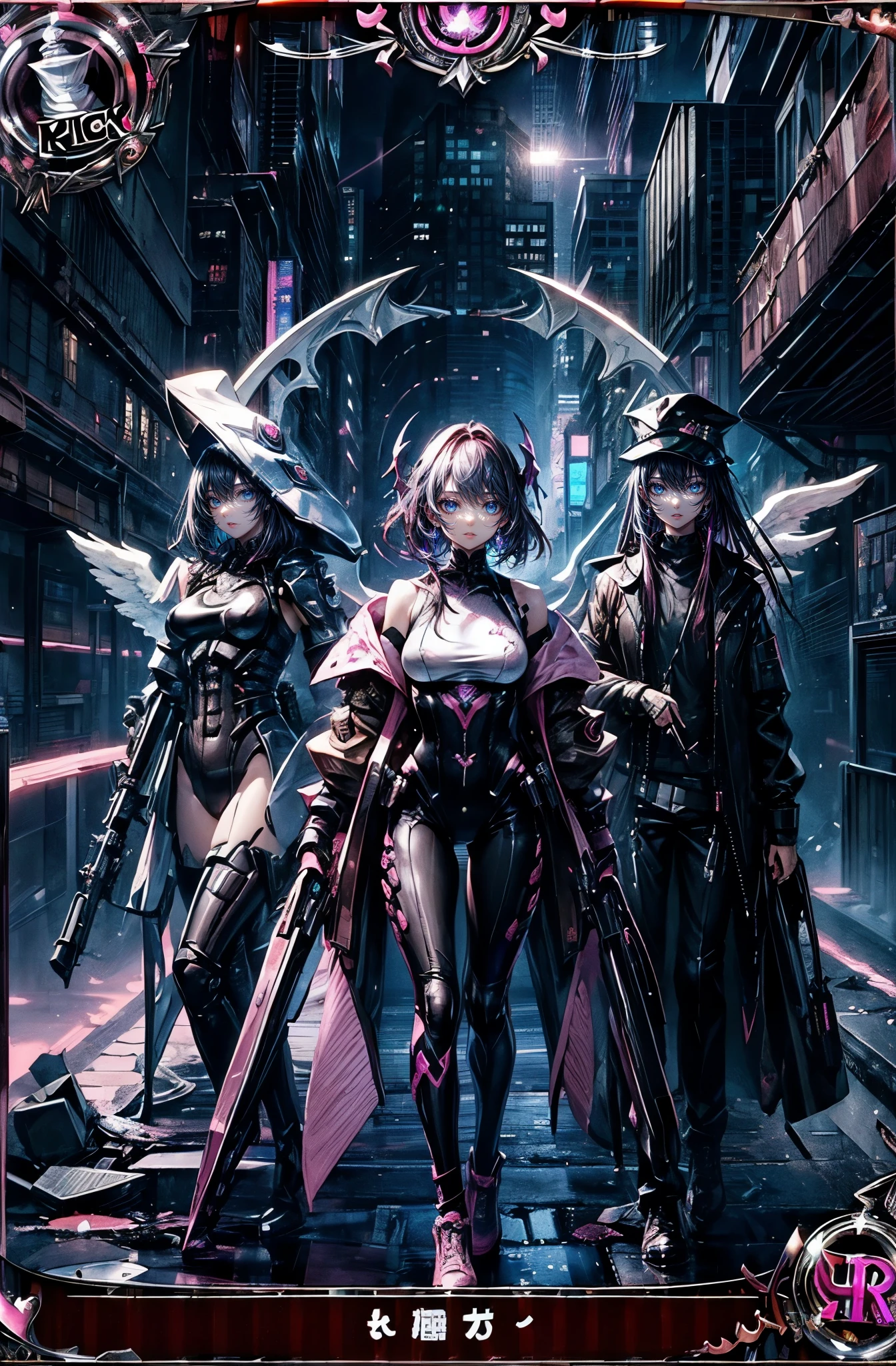 Hyper Quality、8K quality、High resolution、Image quality captured with a single-lens reflex camera、(software)、Perfect Anatomy、3 women, an angel and a devil、lily(Black Hairとピンクヘアの3people、Parting、Shoulder-length hair:1.2)22 year old beauty.Mature face、blue eyes(A triumphant look:1.4)(Nice shape and normal size breasts)
BREAK、3 people、
(A fusion of cyberpunk and fantasy、White suit with angel design、Devil design suit、Sexy Suit、Wing-style backpack unit、Acrobatic action pose:1.3)（Uplifting:1.3）

Look to the side（Perfect Anatomy:1.4）break(Magic field deployment:1.2)BREAK.(Pink Color、Brown color、Black Hair:1.8)(Trading card design frame:1.5)
