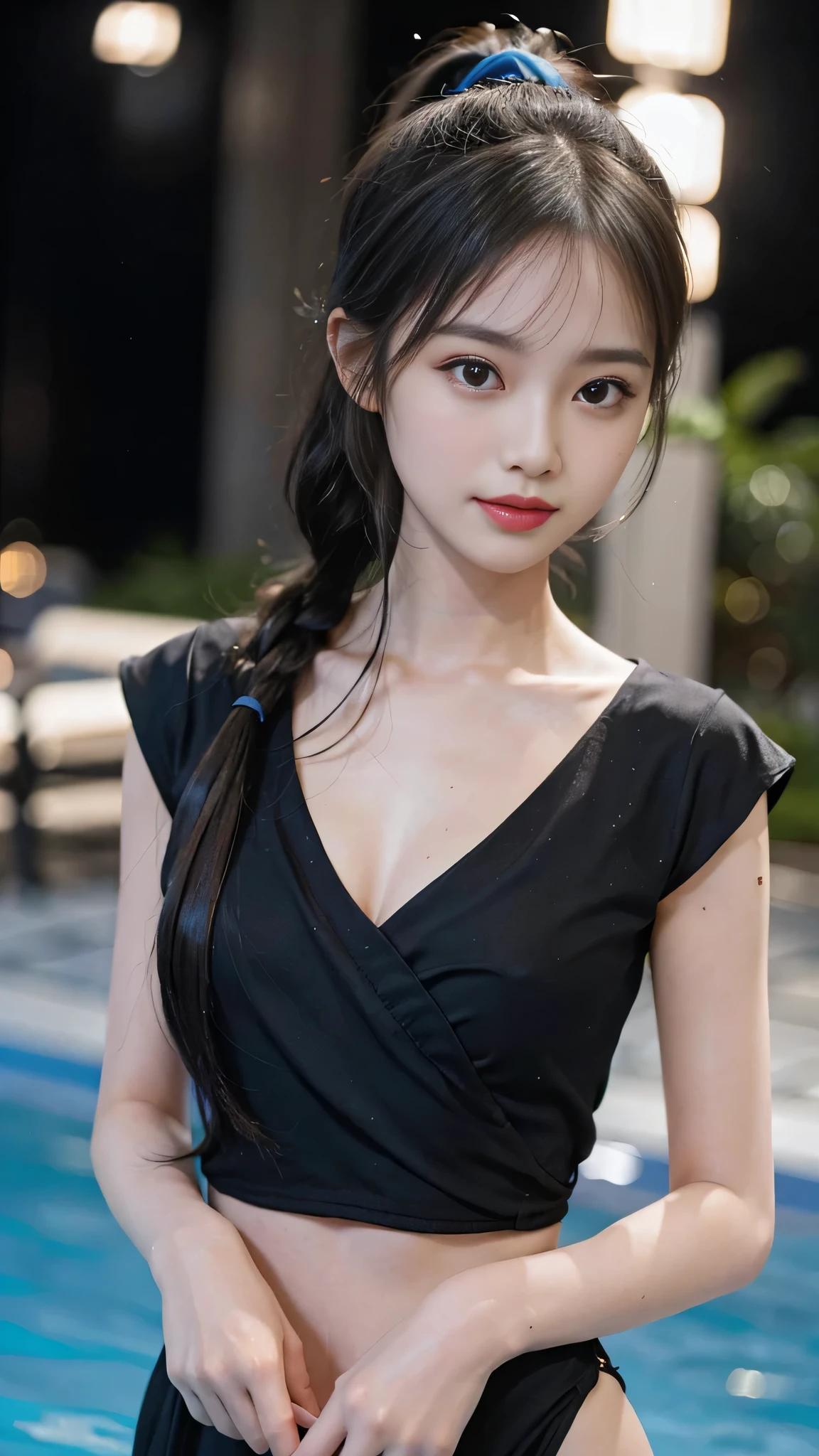 night,It's dark outside,Resort Pool lit up with neon lights at midnight,Ruffled bikini,Close up face,One woman,masutepiece, The highest image quality, High quality, the background is clear,Beautiful woman, Japanese, Detailed, Detailed eyes, Detailed skin, Beautiful skin, 超hight resolution, (reality: 1.4),Very beautiful woman, Slightly younger face, Beautiful skin, slender, (Ultra photo realsisim), (hight resolution), (8K), (Very detailed) (beautifully detailed eyes), (super detailed), (Detailed face), view the viewer, Fine details, Detailed face, Staring straight ahead, Staring straight ahead, photos realistic, Bright lighting, Professional Lighting, Black hair,poneyTail,a baby face,fifteen years old,Hairstyle: ponytail,Long ponytail hairstyle,slight smile,neat and tidy clothing,Beautiful Japanese KPOP idol photo, hair style is ponytail, my eyes are double and wide, baby face, smile and look straight ahead, slender, small breasts,Close up face,