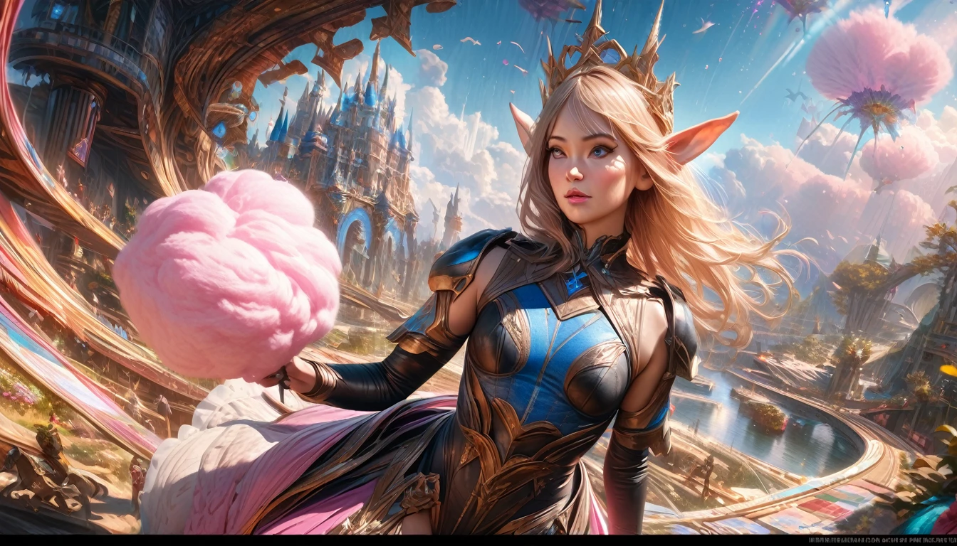 (Extreme complexity, two subjects)(subject 1: cryptic girl, blonde, high tech suit) (subject 2: elf companion, high fantasy regal outfit, very big eyes and ears) riding cotton candy pink unicorns, blue prairie, ethereal, fantasy, magical realism, highly detailed, 8k, cinematic lighting, vibrant colors, dramatic composition, intricate details, imaginative, cinematic perspective, surreal, dreamlike, whimsical, beautiful, magical, (best quality,4k,8k,highres,masterpiece:1.2),ultra-detailed,(realistic,photorealistic,photo-realistic:1.37)